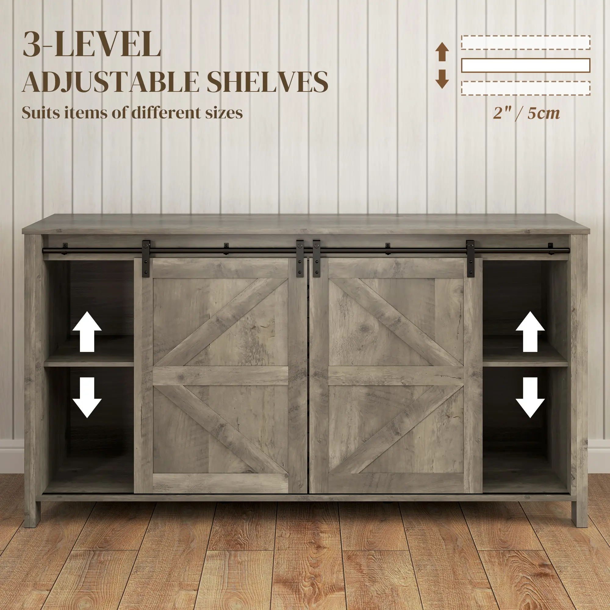 60" Buffet Cabinet, Farmhouse Sideboard, Sliding Barn Doors, Light Grey - Image 6