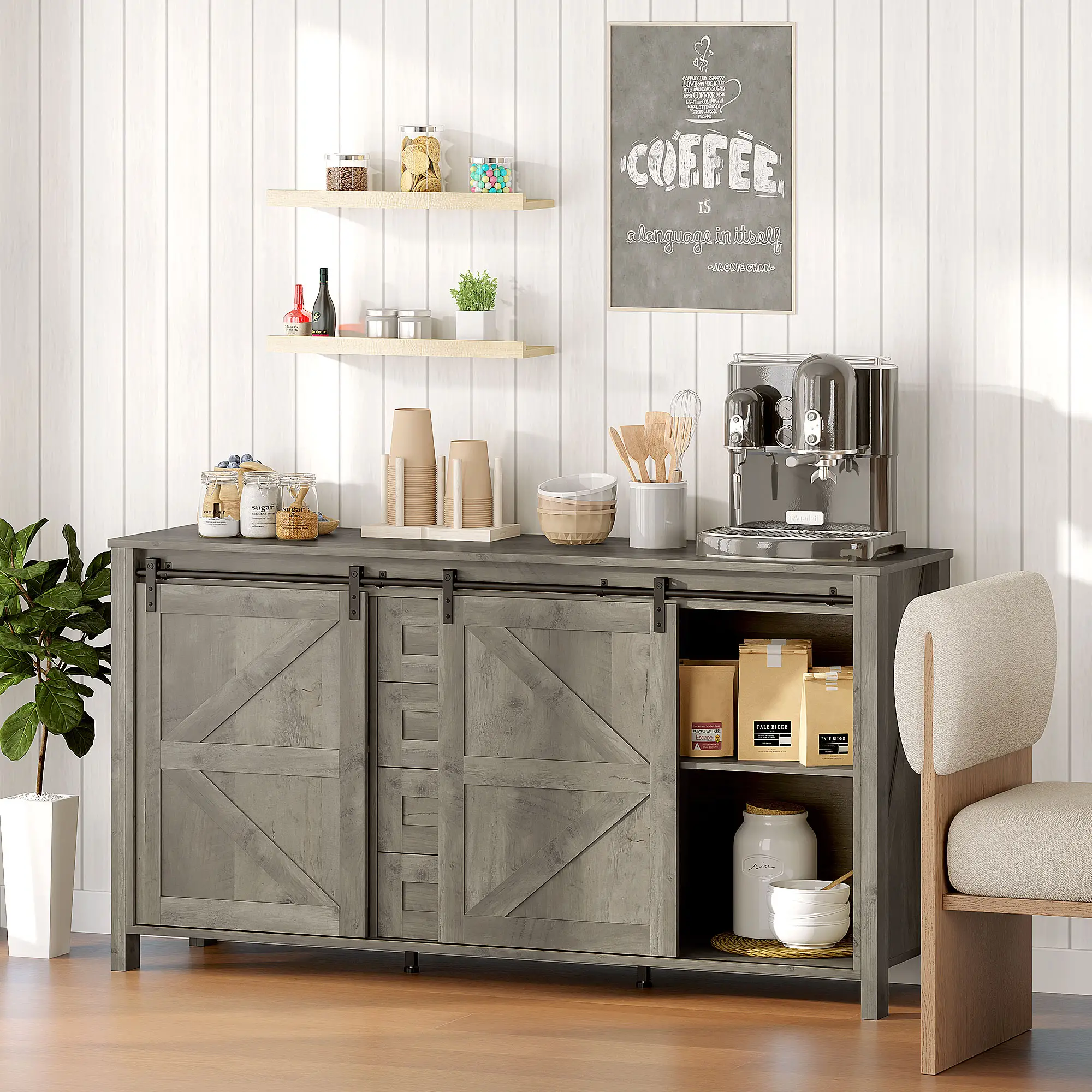 60" Buffet Cabinet, Farmhouse Sideboard, Sliding Barn Doors, Light Grey - Image 8