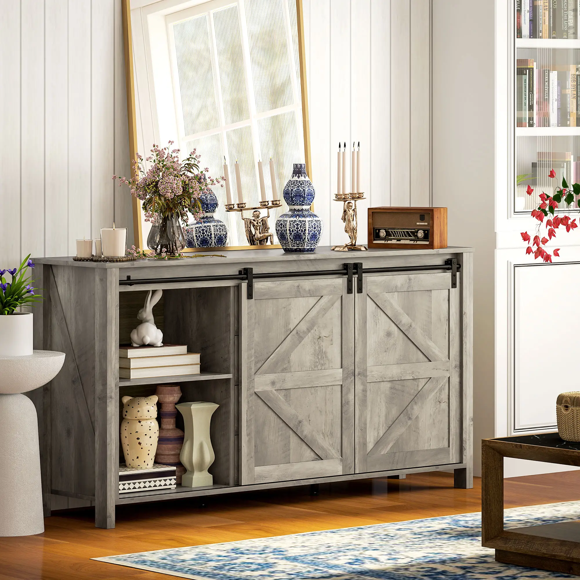 60" Buffet Cabinet, Farmhouse Sideboard, Sliding Barn Doors, Light Grey - Image 9