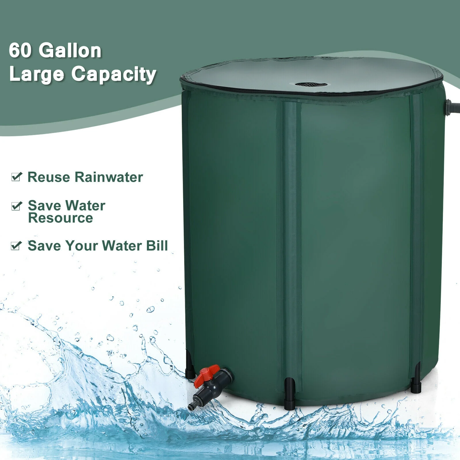 60 Gallon Collapsible Rain Barrel, Water Collector, Green - Image 4