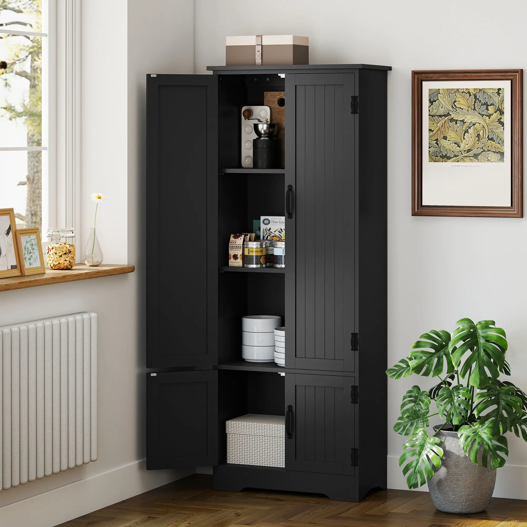 60 Inch 4-Door Storage Cabinet, Adjustable Shelves, Black - Image 10