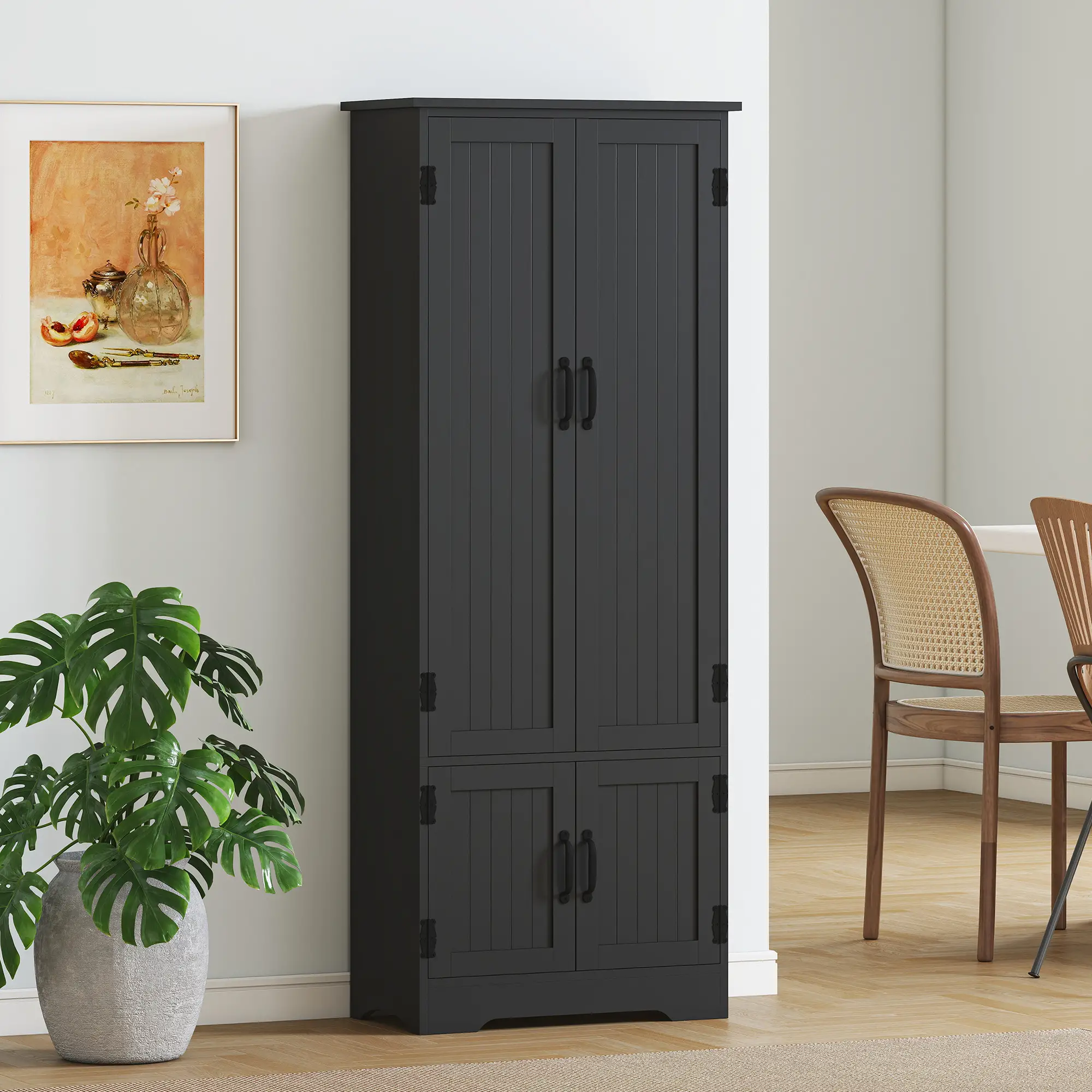 60 Inch 4-Door Storage Cabinet, Adjustable Shelves, Black - Image 2