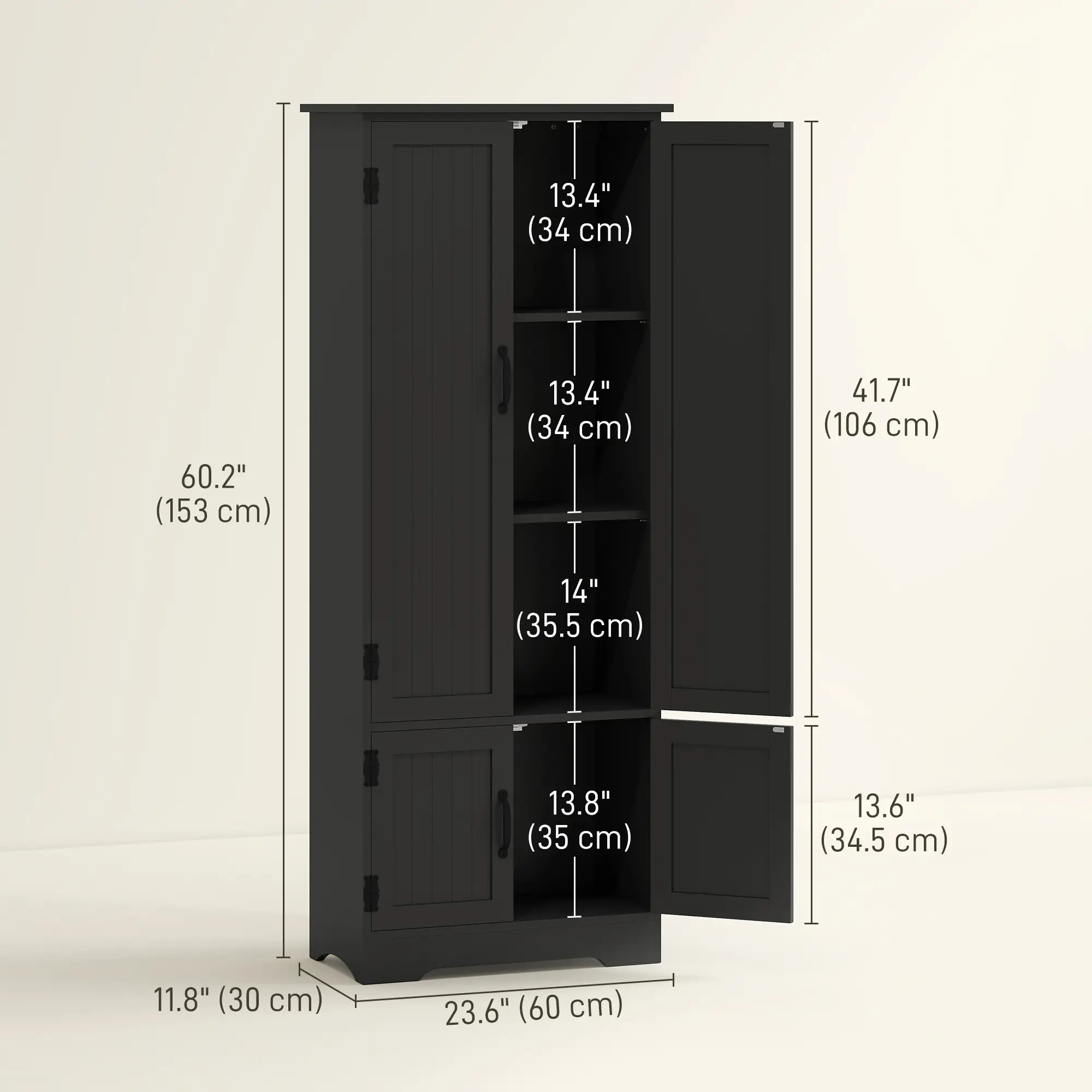 60 Inch 4-Door Storage Cabinet, Adjustable Shelves, Black - Image 3