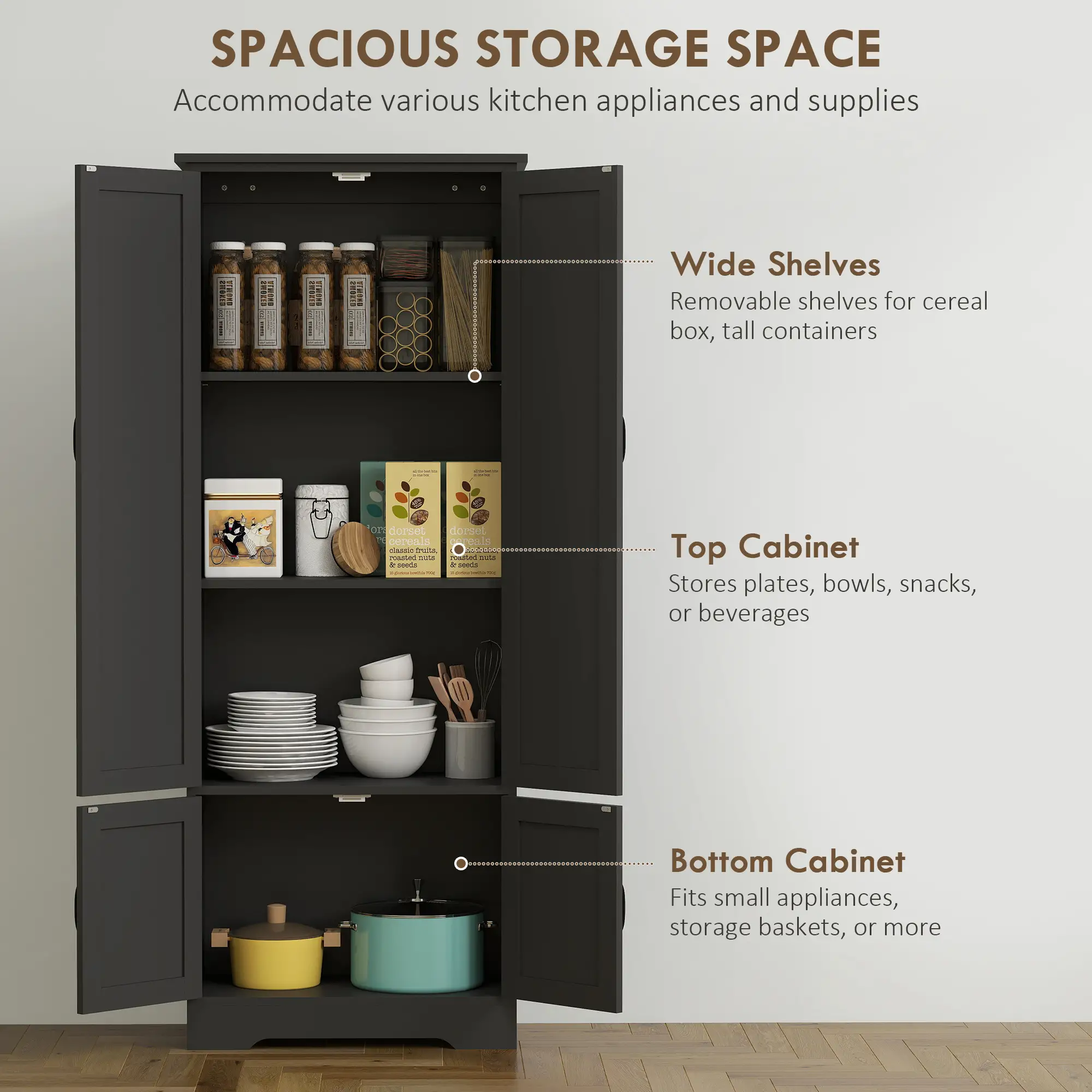 60 Inch 4-Door Storage Cabinet, Adjustable Shelves, Black - Image 4