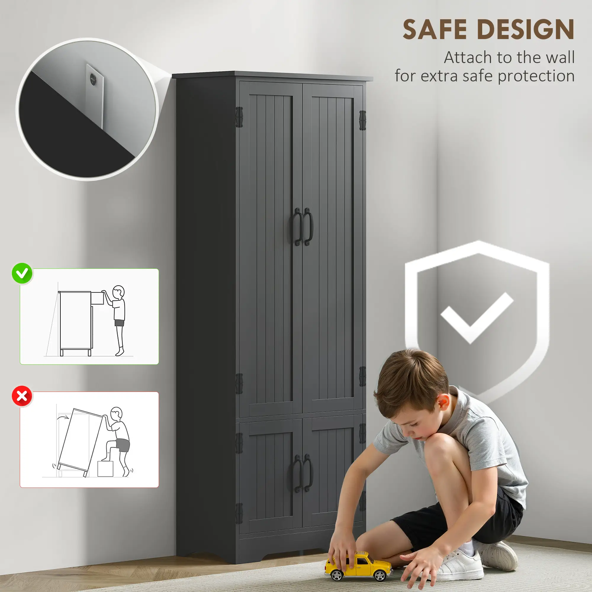 60 Inch 4-Door Storage Cabinet, Adjustable Shelves, Black - Image 7