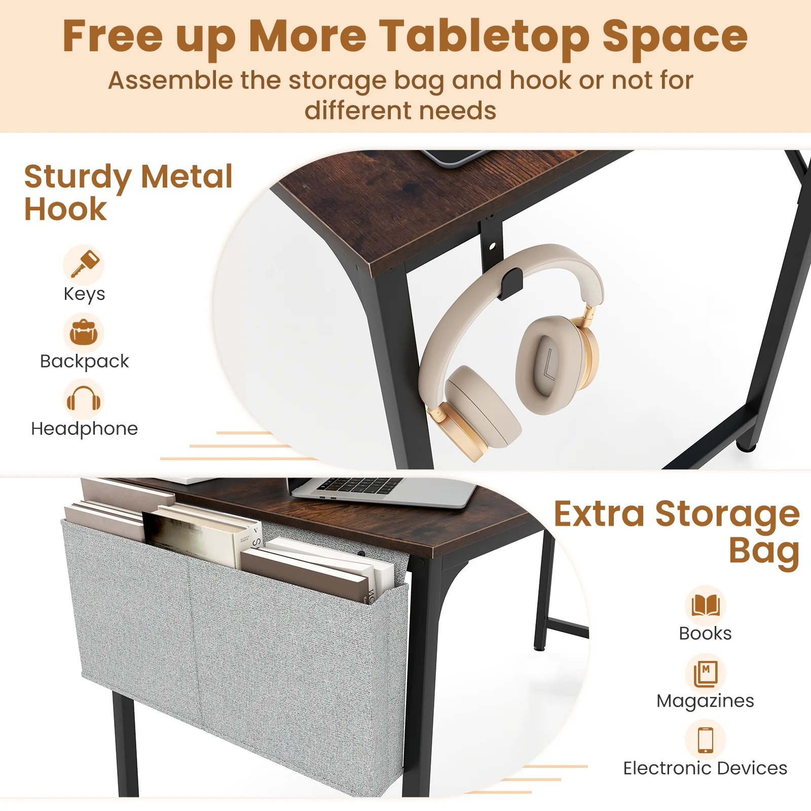60 Inch Computer Desk With Charging Station, Rustic Brown - Image 10