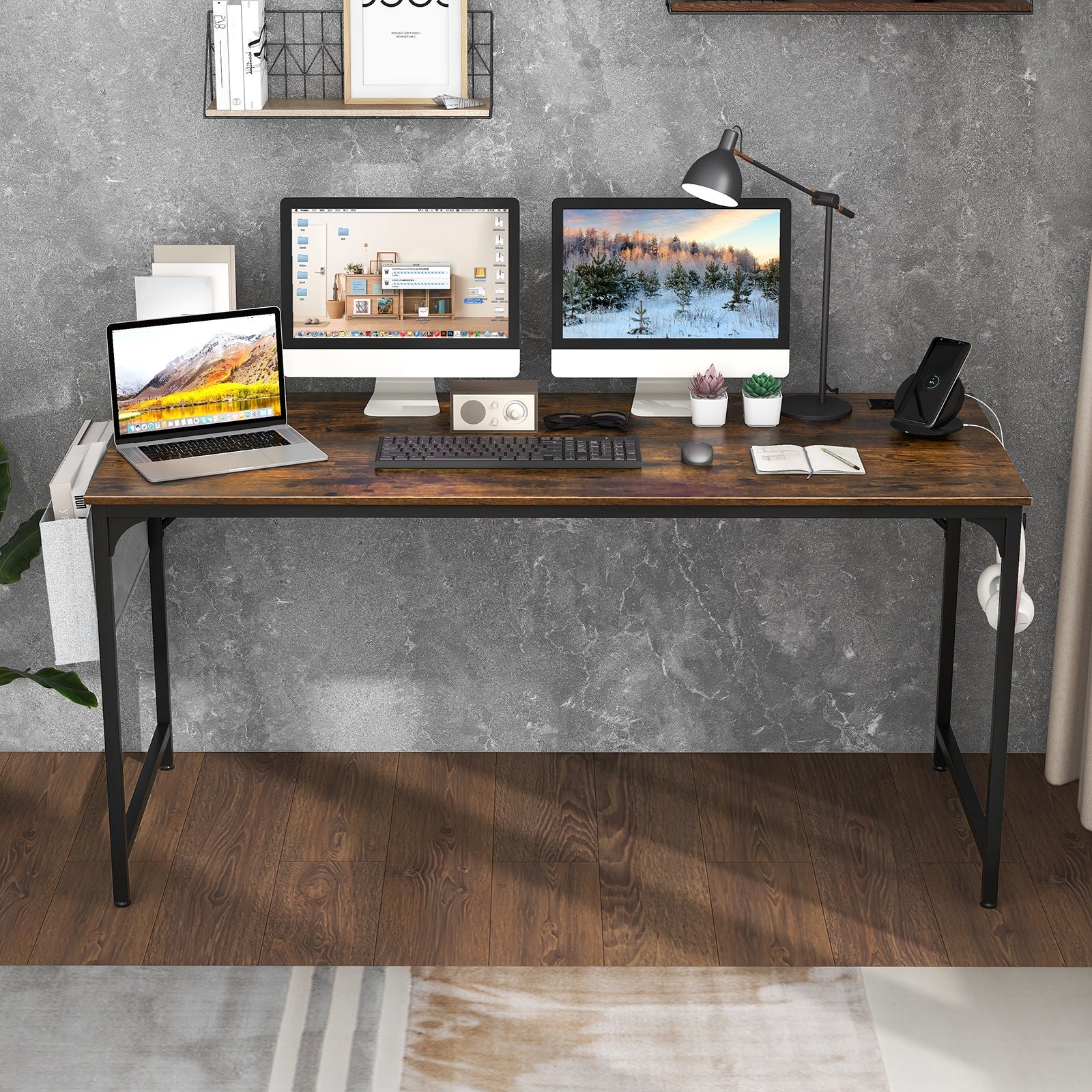 60 Inch Computer Desk With Charging Station, Rustic Brown - Image 2