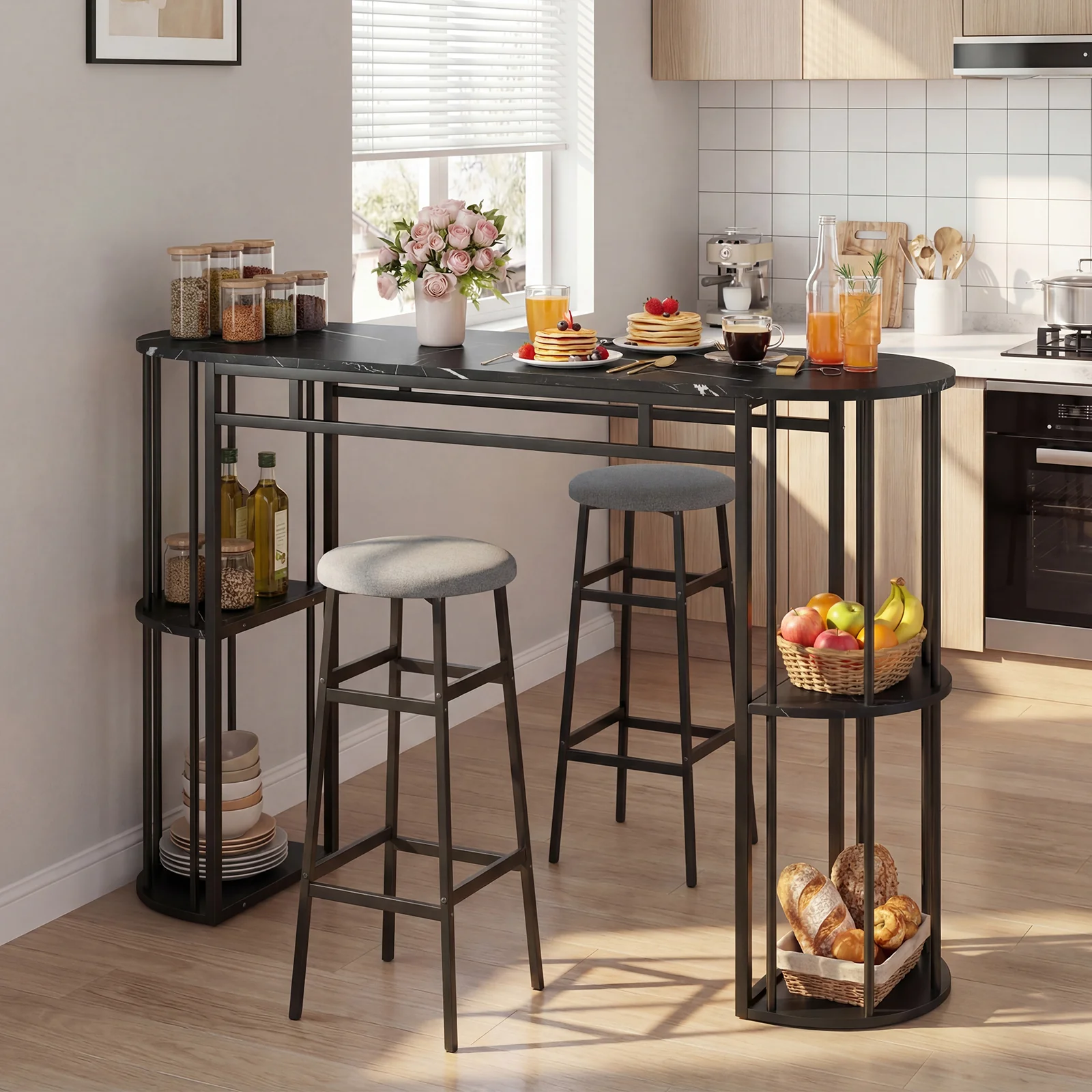 60 Inch Dining Table, 2 Barstools, Faux Marble Top, Gray - Image 2