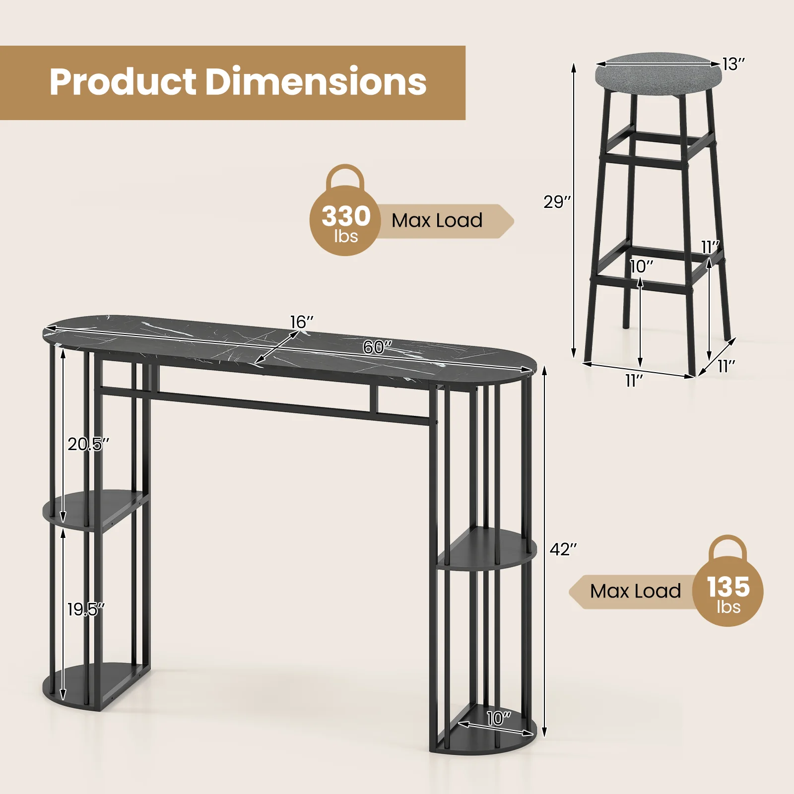 60 Inch Dining Table, 2 Barstools, Faux Marble Top, Gray - Image 5