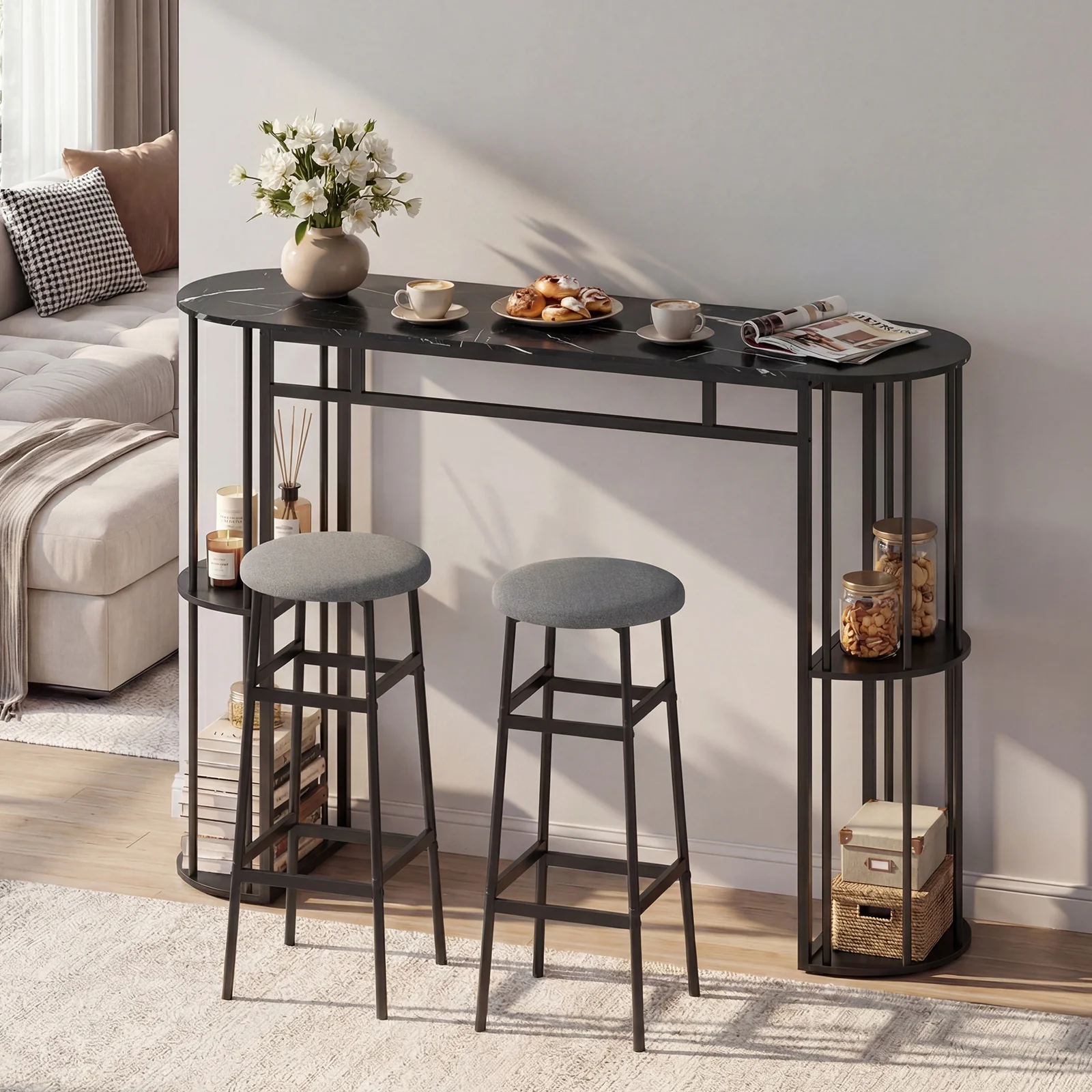 60 Inch Dining Table, 2 Barstools, Faux Marble Top, Gray - Image 6