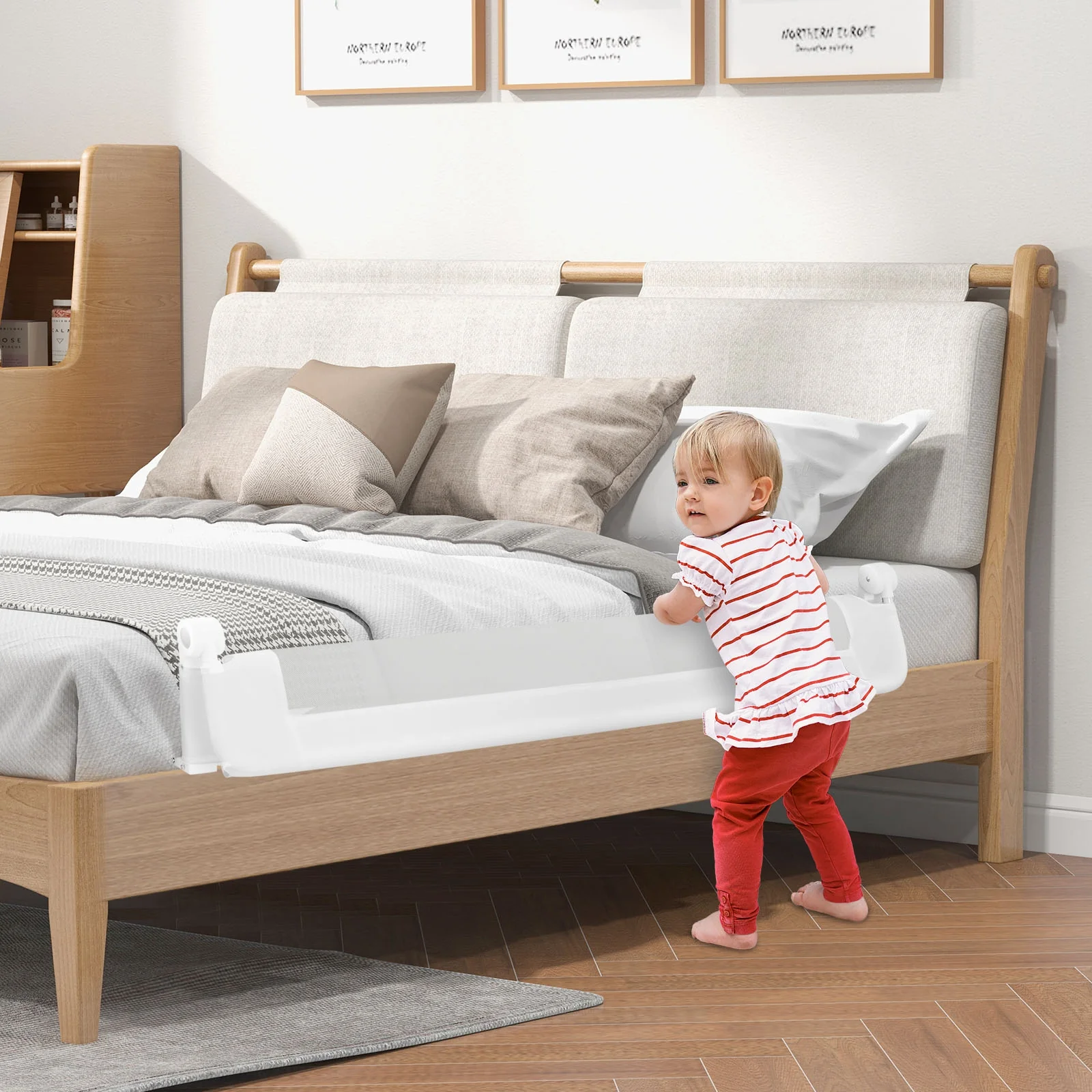 60-Inch Foldable Baby Bed Rail, Adjustable Safety Strap, White - Image 3