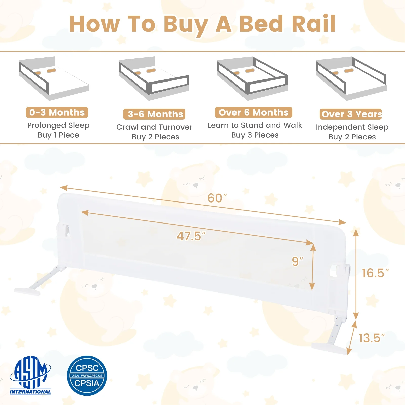 60-Inch Foldable Baby Bed Rail, Adjustable Safety Strap, White - Image 5