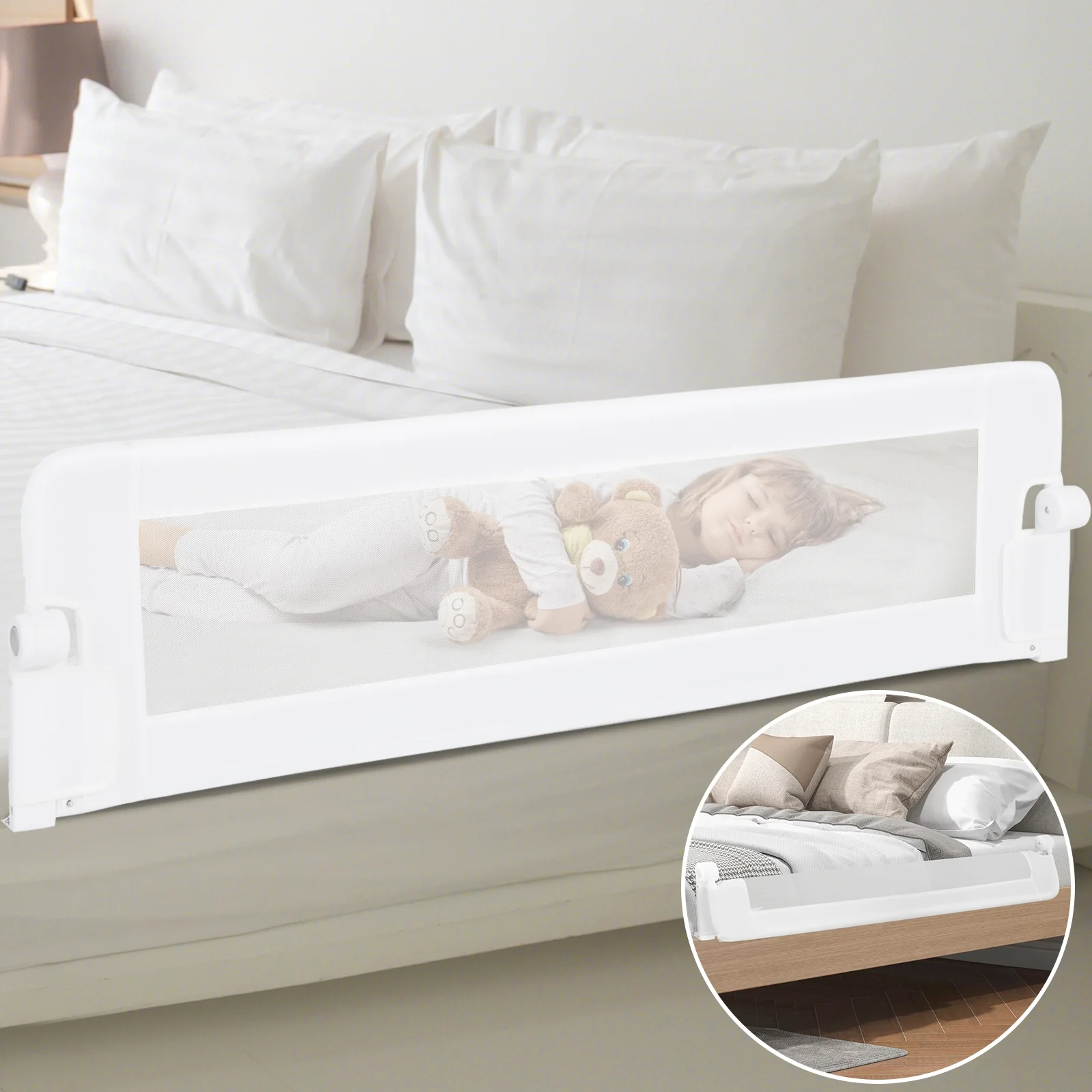 60-Inch Foldable Baby Bed Rail, Adjustable Safety Strap, White - Image 6