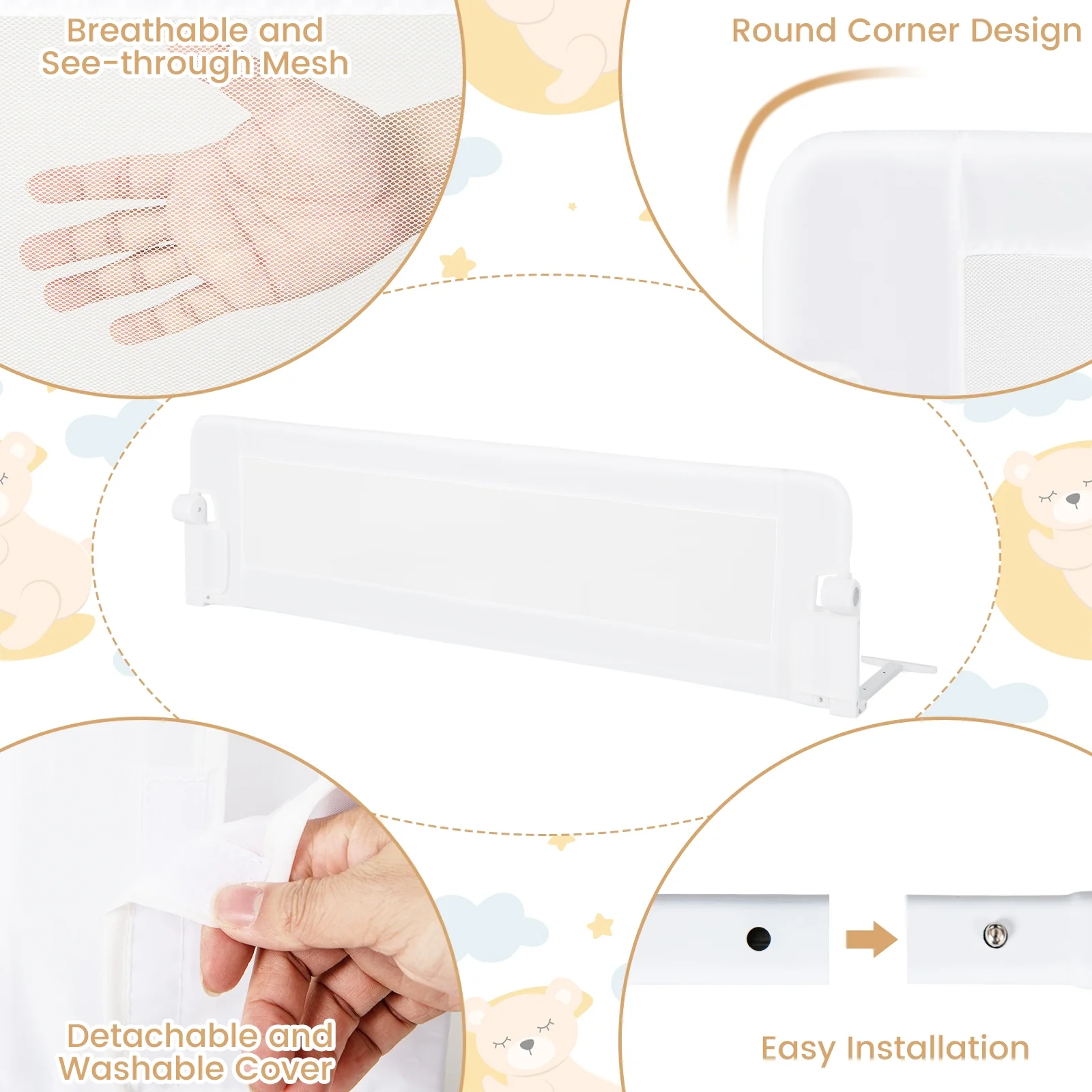 60-Inch Foldable Baby Bed Rail, Adjustable Safety Strap, White - Image 7