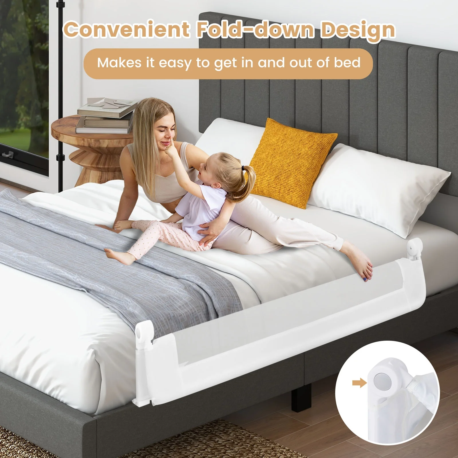60-Inch Foldable Baby Bed Rail, Adjustable Safety Strap, White - Image 9