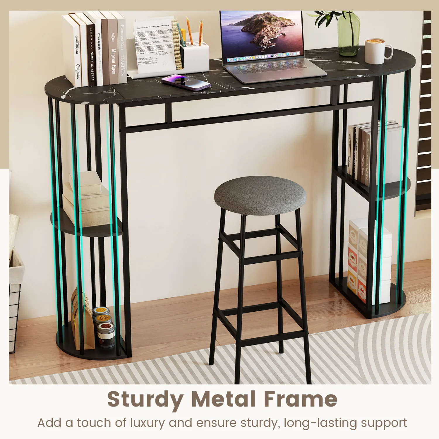 60 Inch Long Bar Table Narrow with Faux Marble Tabletop and Storage Shelves, Black - Image 10