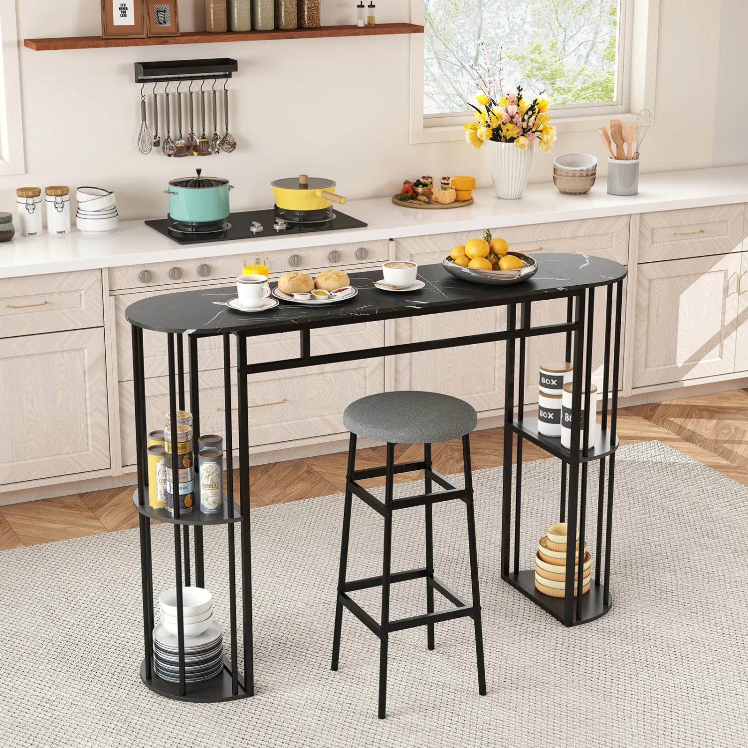 60 Inch Long Bar Table Narrow with Faux Marble Tabletop and Storage Shelves, Black - Image 3