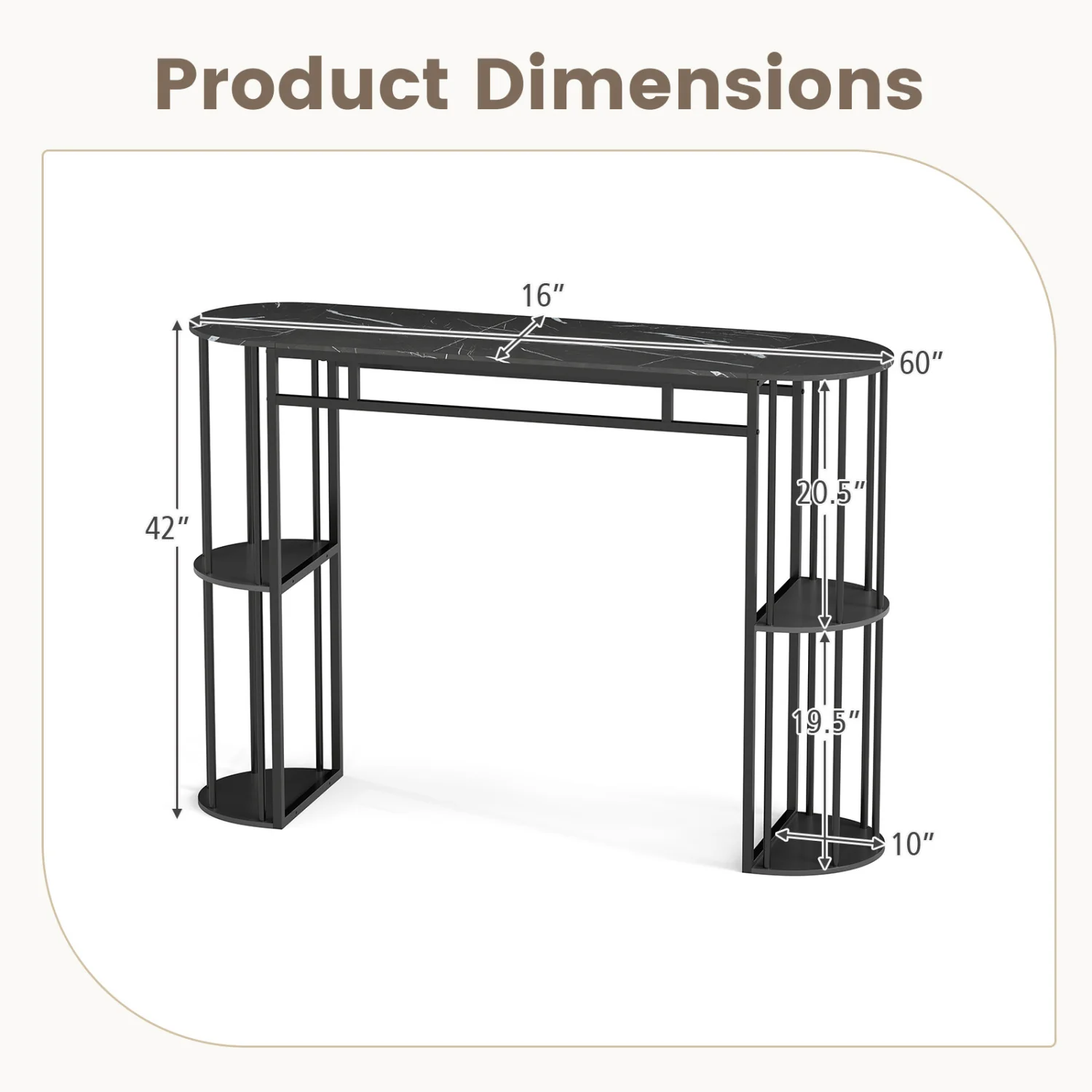60 Inch Long Bar Table Narrow with Faux Marble Tabletop and Storage Shelves, Black - Image 6