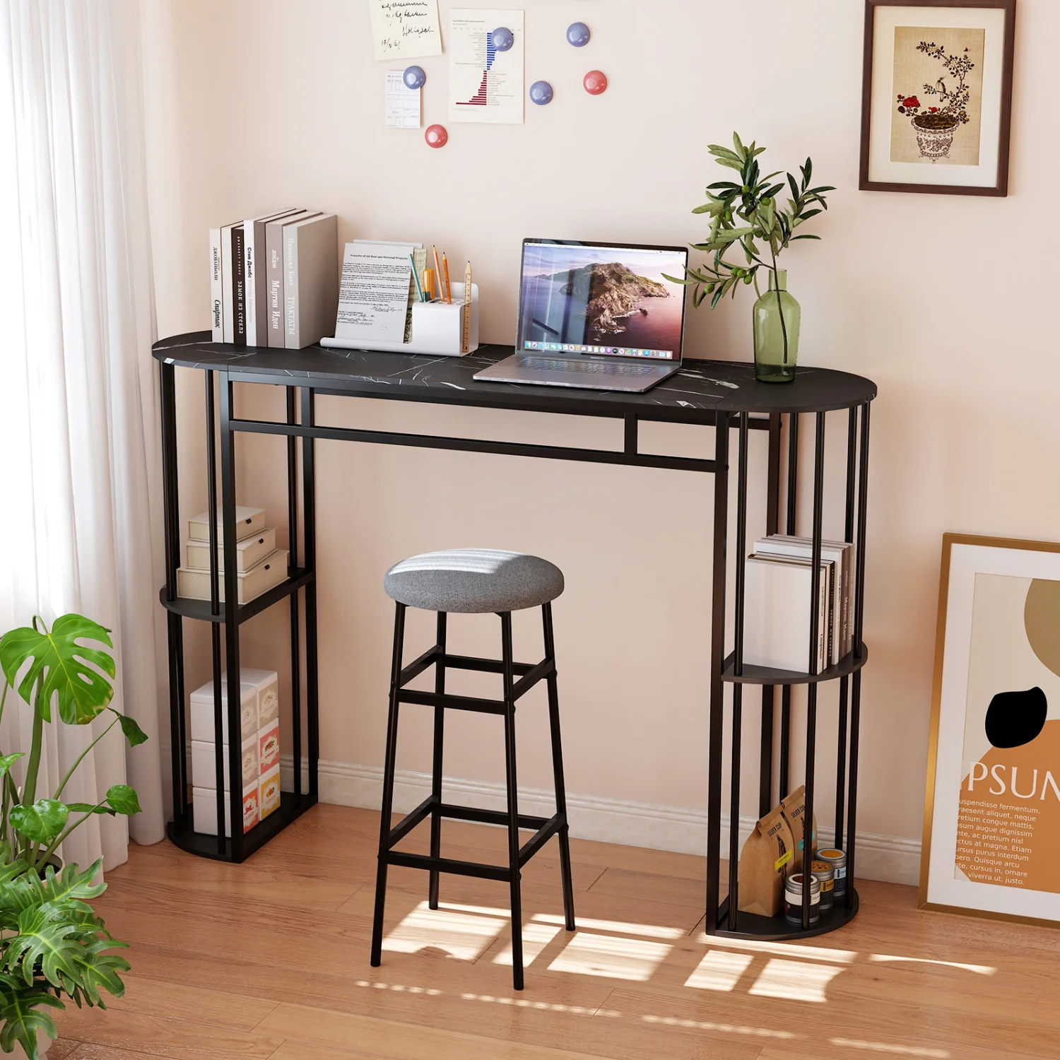 60 Inch Long Bar Table Narrow with Faux Marble Tabletop and Storage Shelves, Black - Image 7