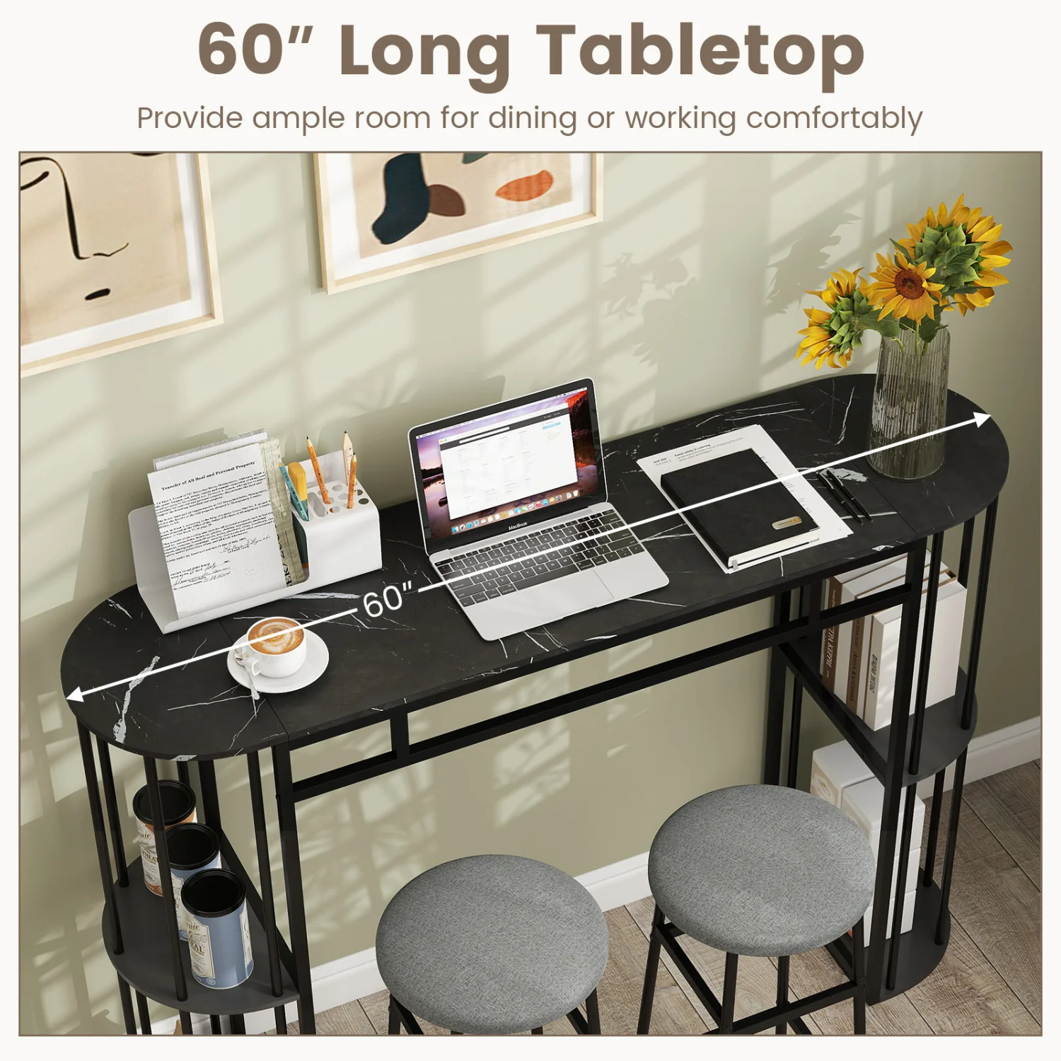 60 Inch Long Bar Table Narrow with Faux Marble Tabletop and Storage Shelves, Black - Image 8