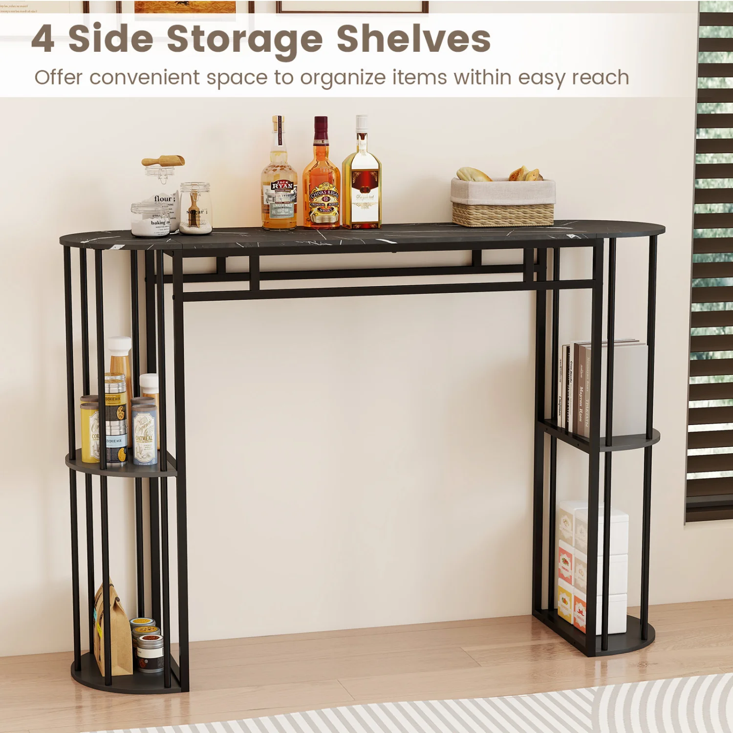 60 Inch Long Bar Table Narrow with Faux Marble Tabletop and Storage Shelves, Black - Image 9
