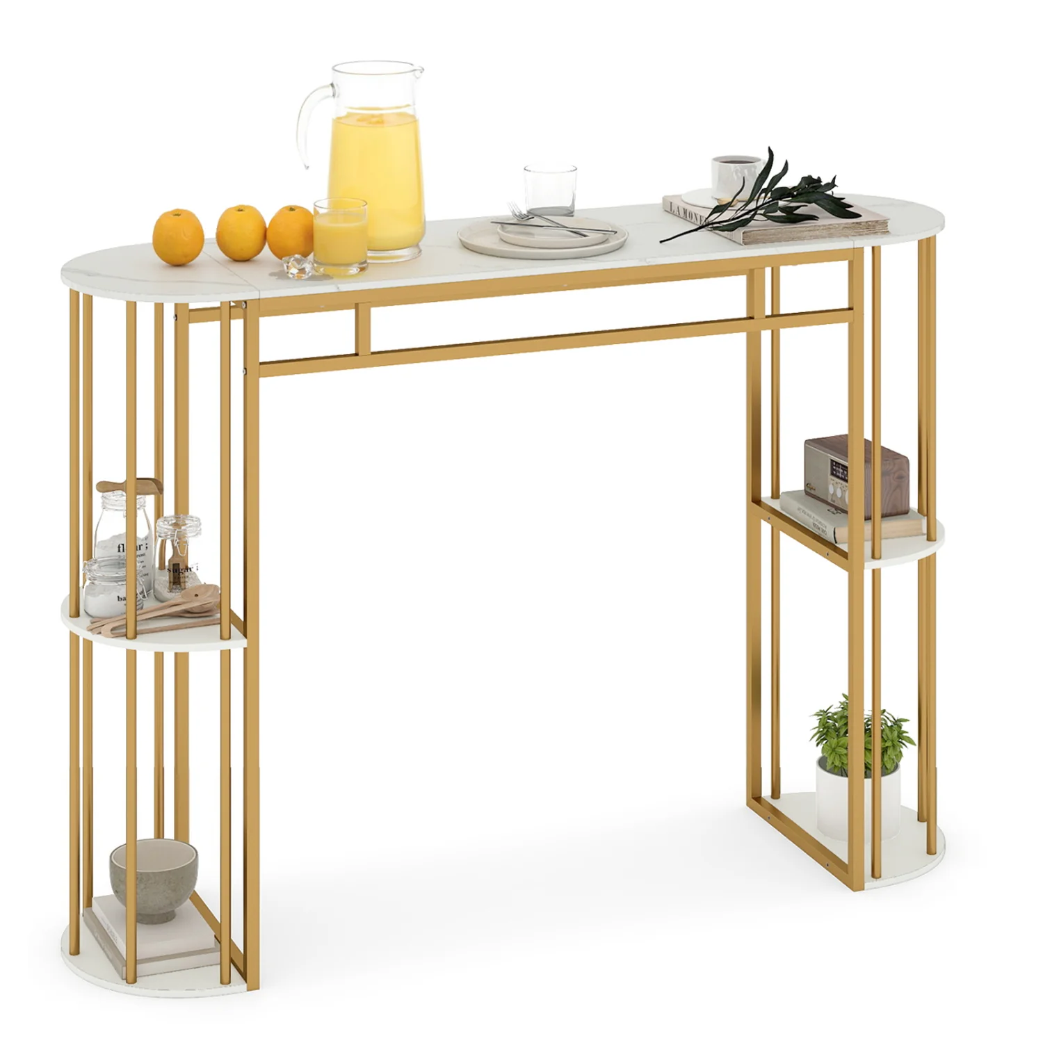 60 Inch Long Bar Table Narrow with Faux Marble Tabletop and Storage Shelves, White & Golden - Image 10