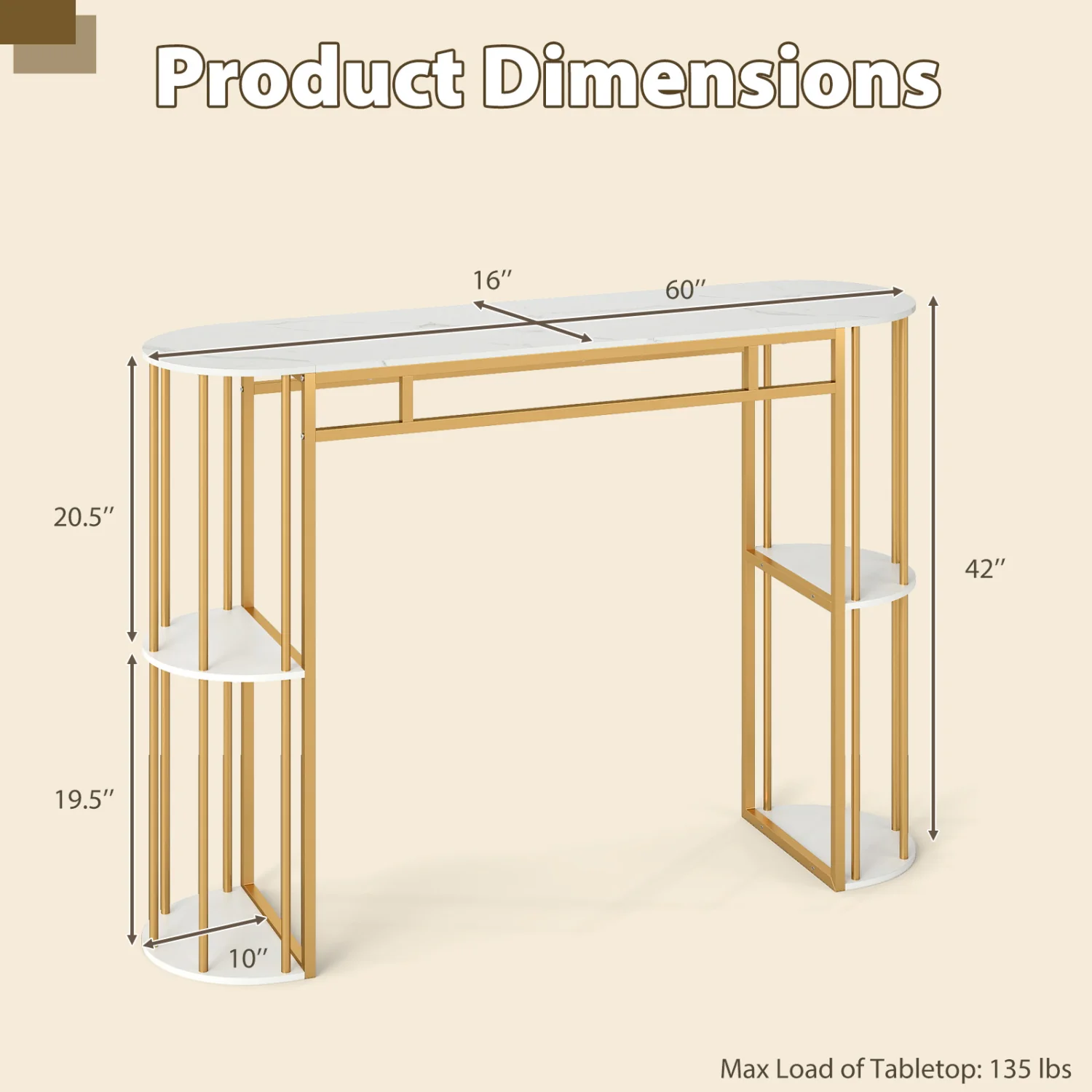 60 Inch Long Bar Table Narrow with Faux Marble Tabletop and Storage Shelves, White & Golden - Image 4
