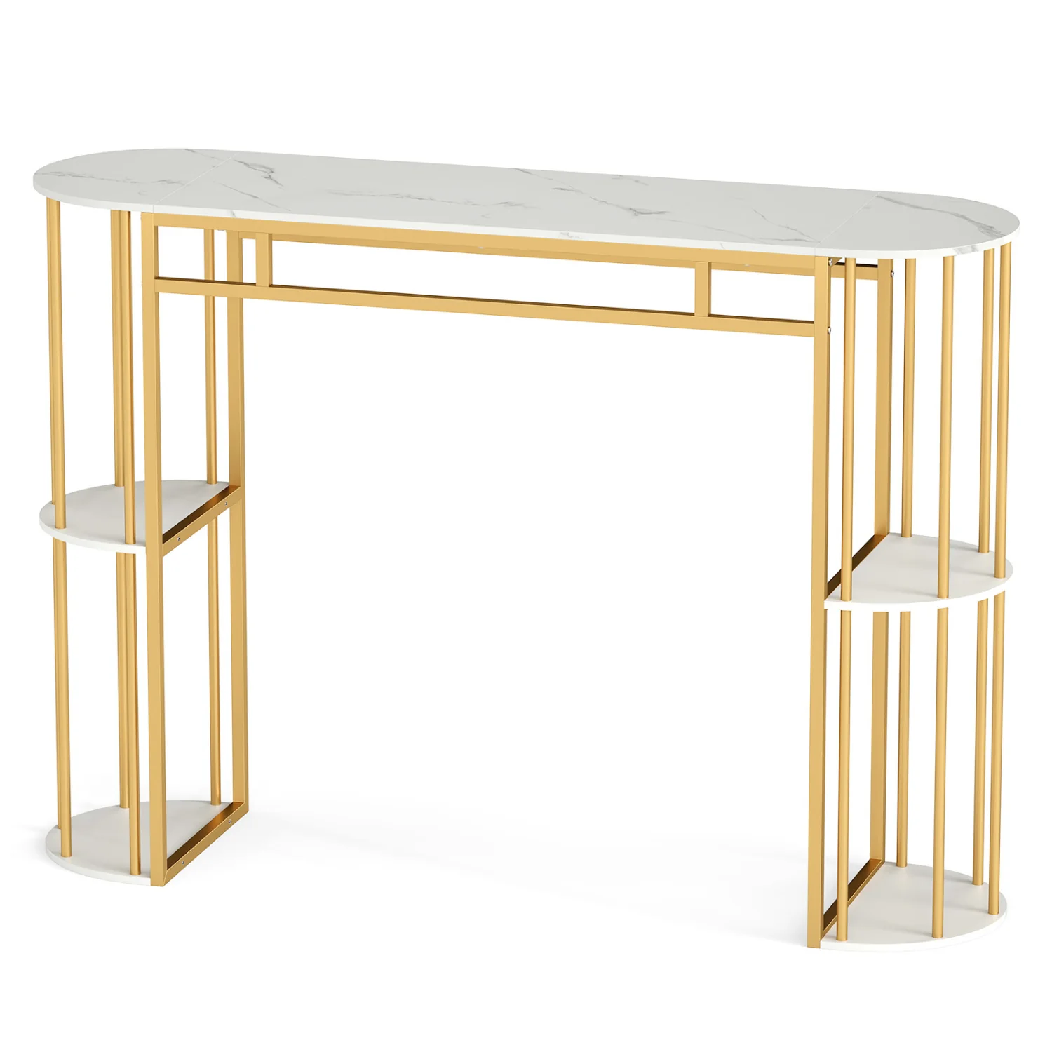 60 Inch Long Bar Table Narrow with Faux Marble Tabletop and Storage Shelves, White & Golden - Image 8