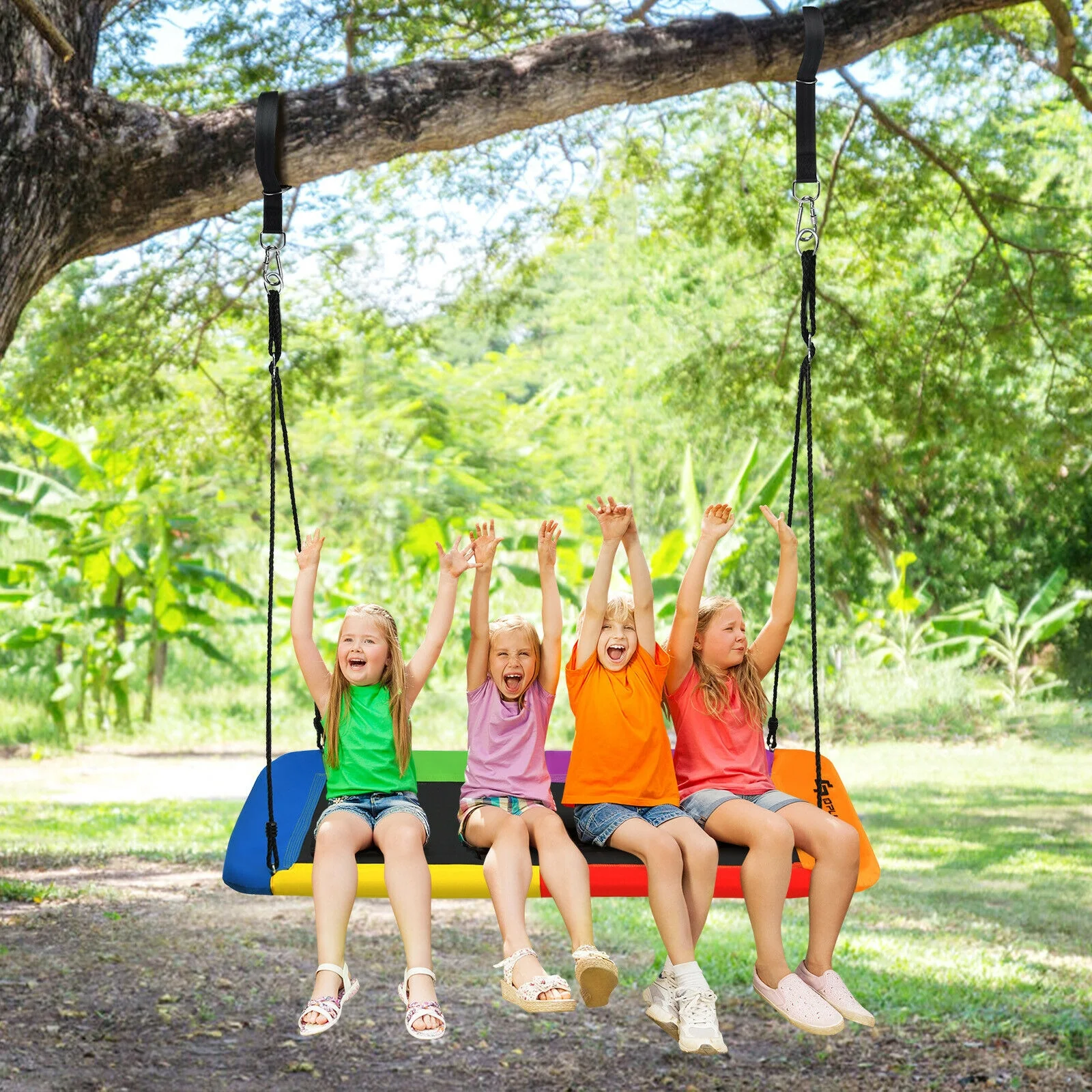 60 Inch Platform Tree Swing, 2 Hanging Straps, Multicolor - Image 11