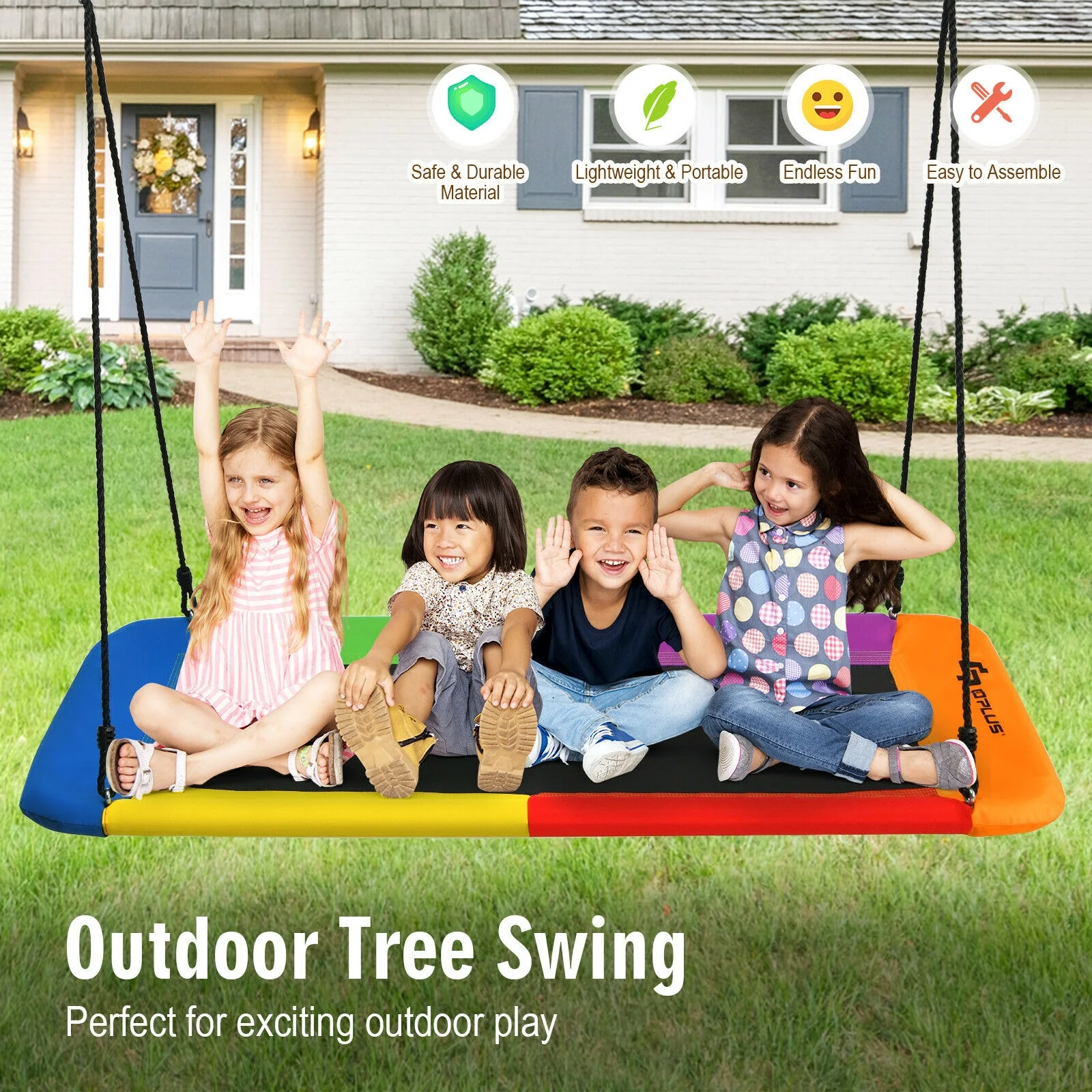 60 Inch Platform Tree Swing, 2 Hanging Straps, Multicolor - Image 12