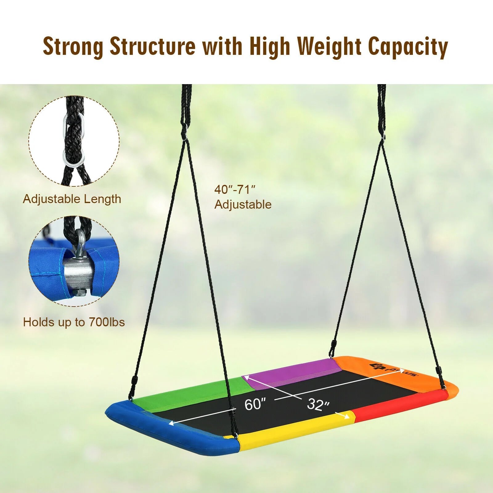 60 Inch Platform Tree Swing, 2 Hanging Straps, Multicolor - Image 14
