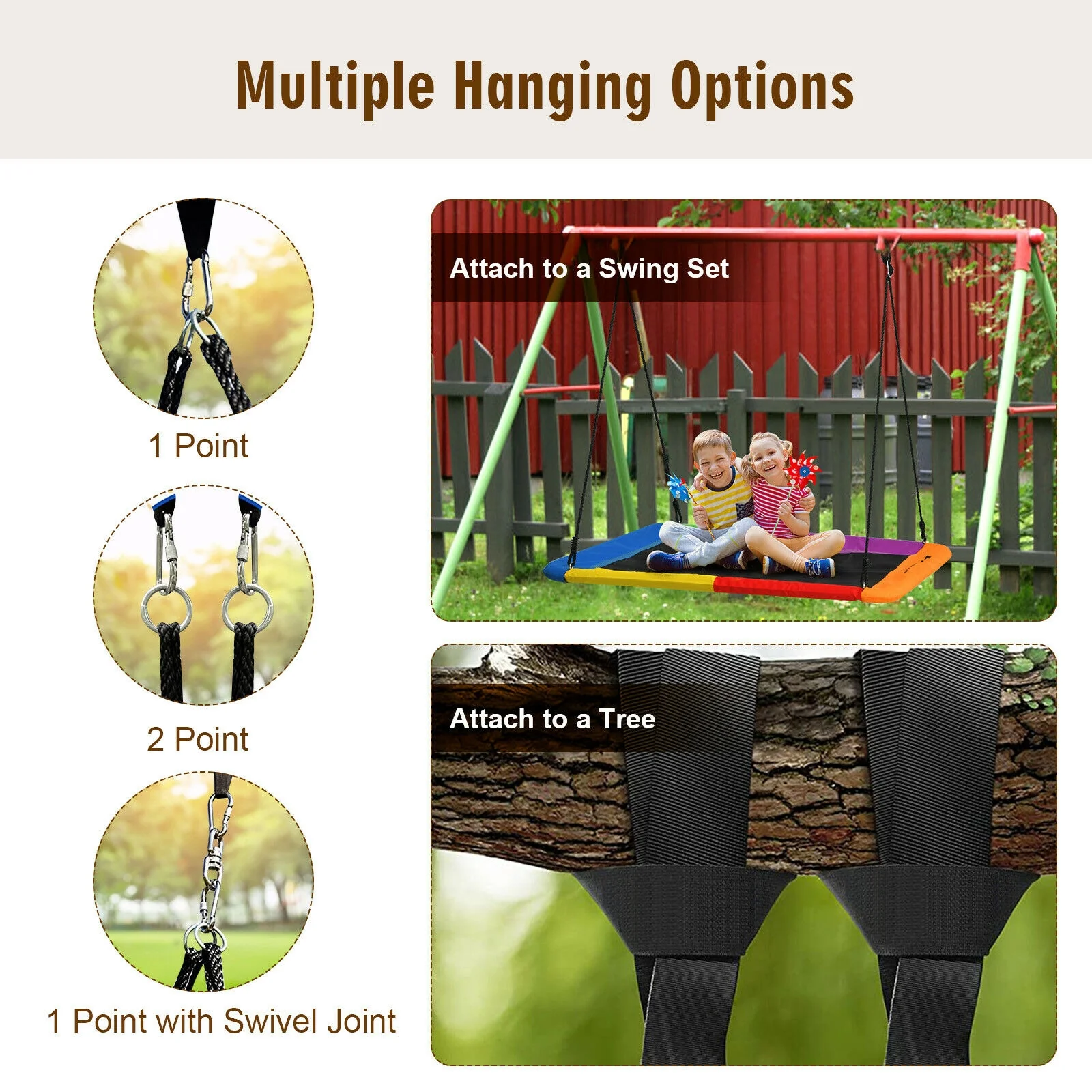 60 Inch Platform Tree Swing, 2 Hanging Straps, Multicolor - Image 18