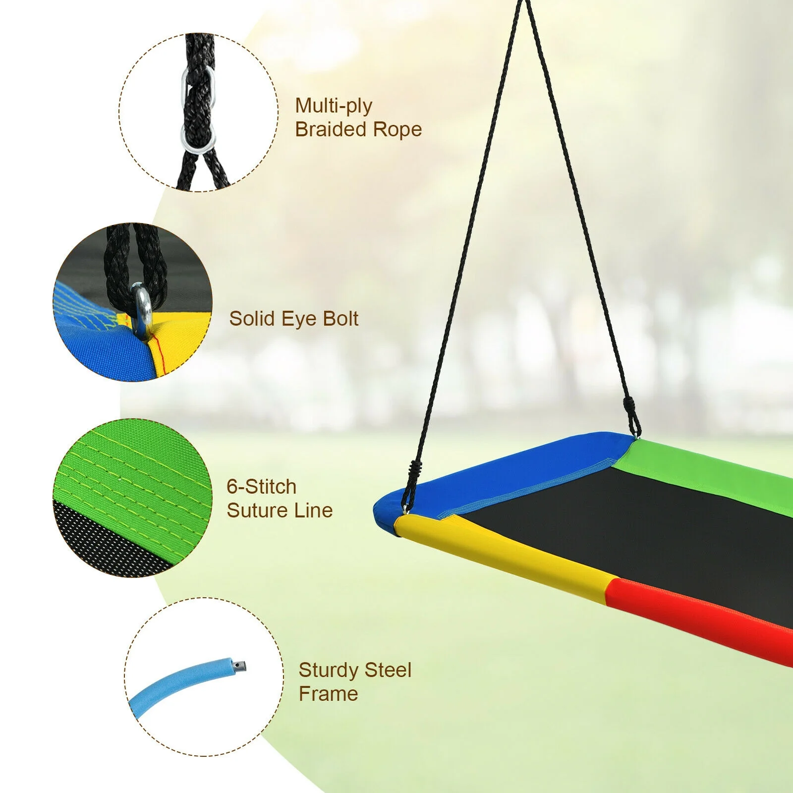 60 Inch Platform Tree Swing, 2 Hanging Straps, Multicolor - Image 19
