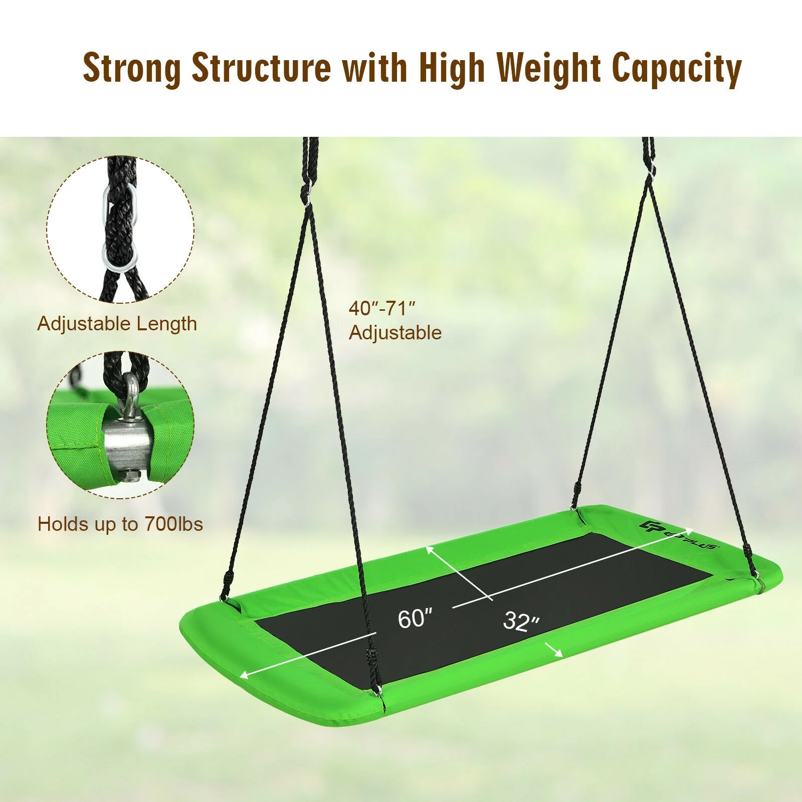 60 Inch Platform Tree Swing, Outdoor, Green - Image 5