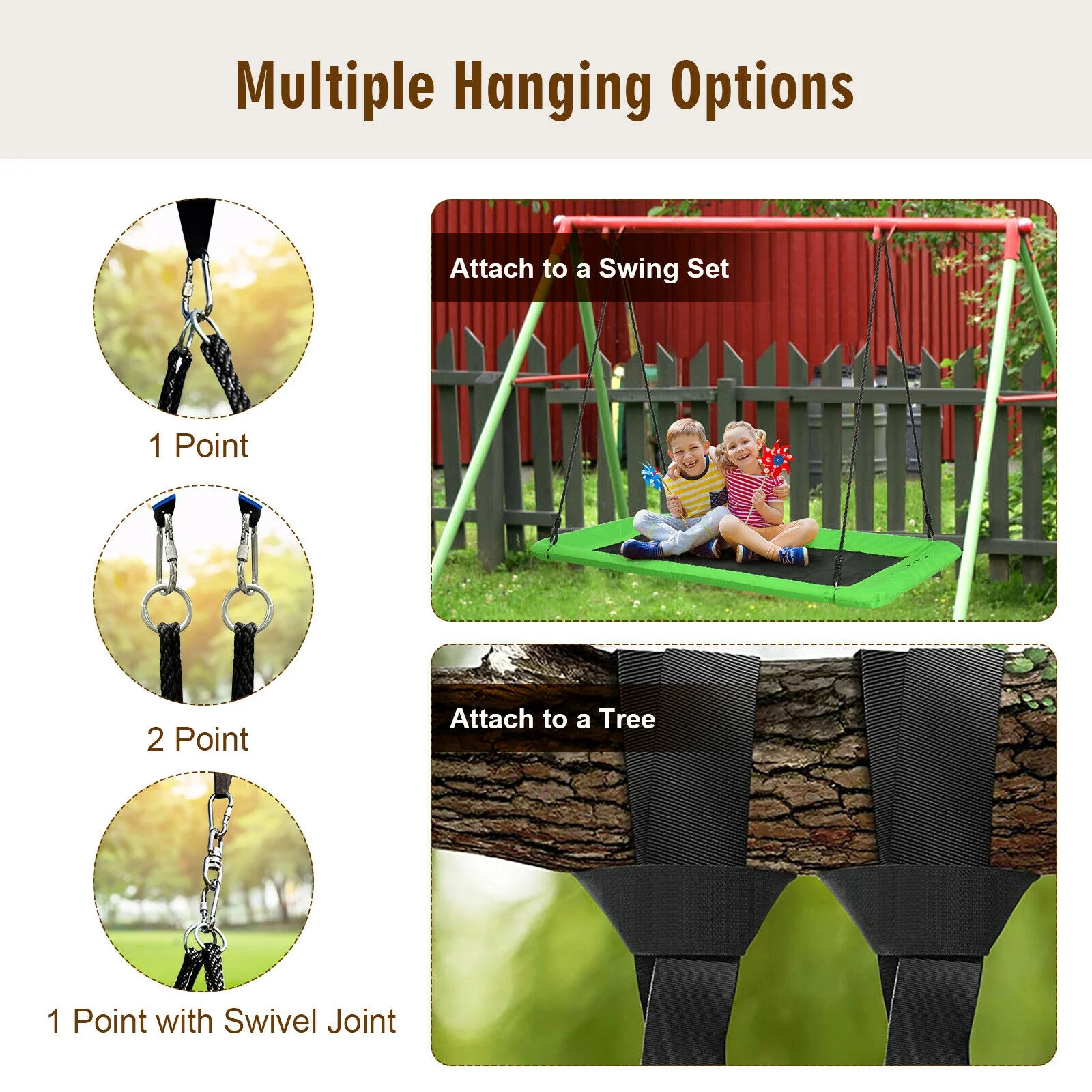 60 Inch Platform Tree Swing, Outdoor, Green - Image 9