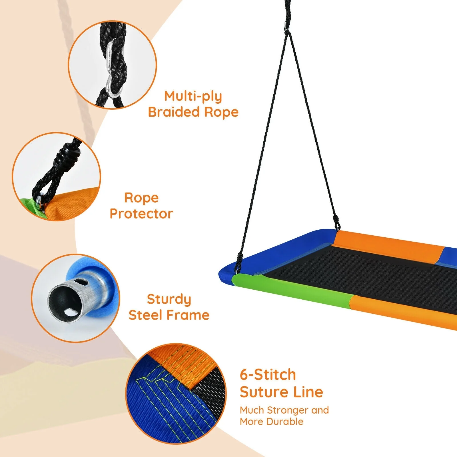 60 Inch Platform Tree Swing, Outdoor With 2 Hanging Straps, Orange - Image 3