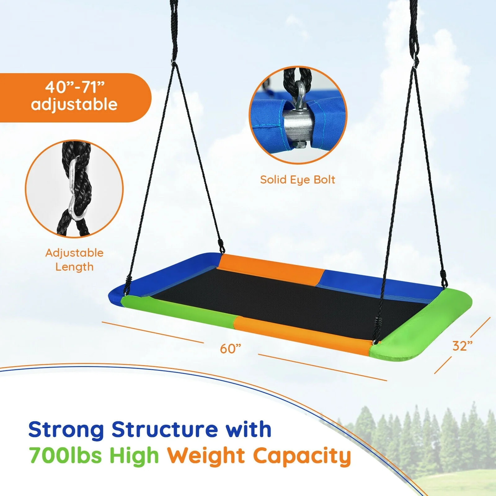 60 Inch Platform Tree Swing, Outdoor With 2 Hanging Straps, Orange - Image 5