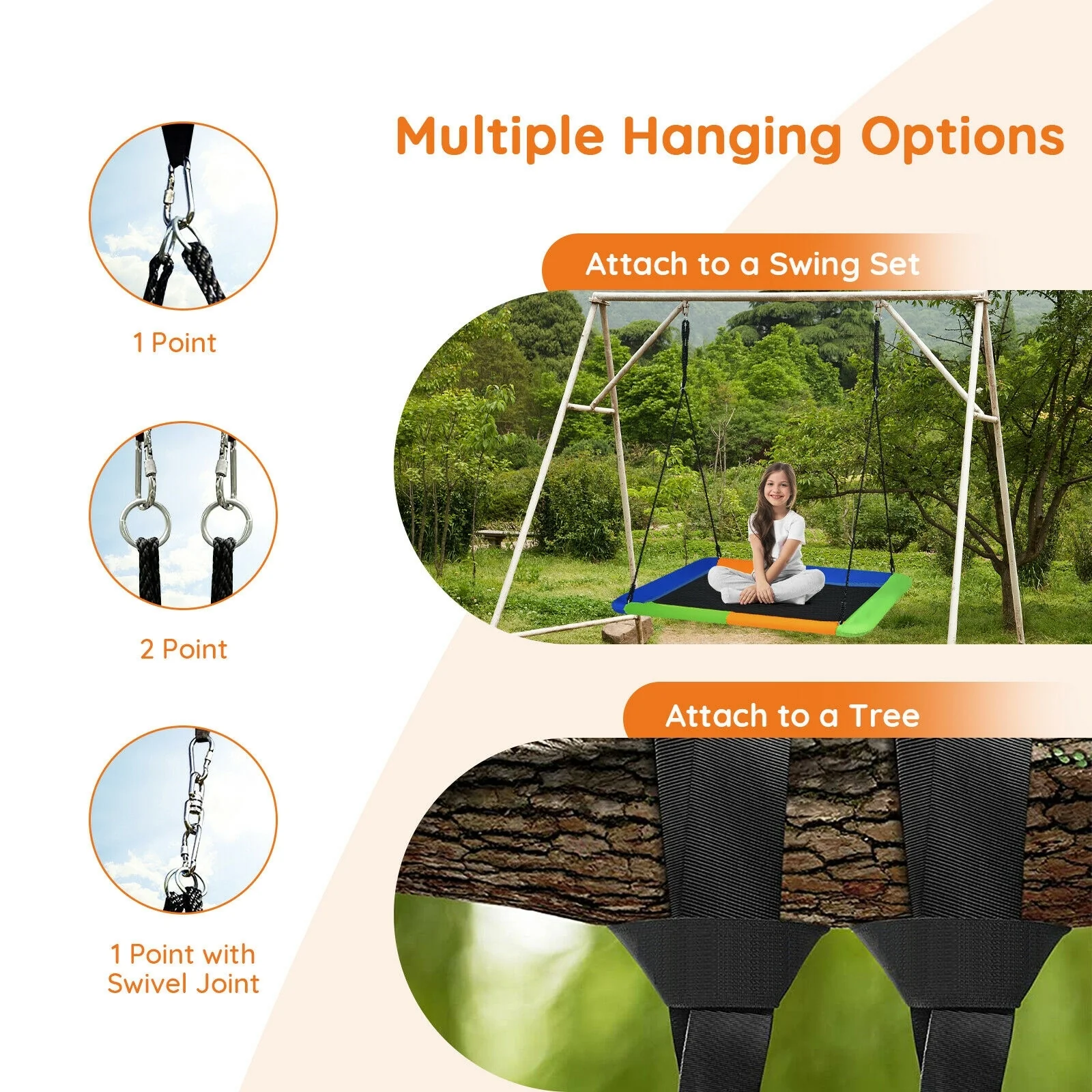 60 Inch Platform Tree Swing, Outdoor With 2 Hanging Straps, Orange - Image 6