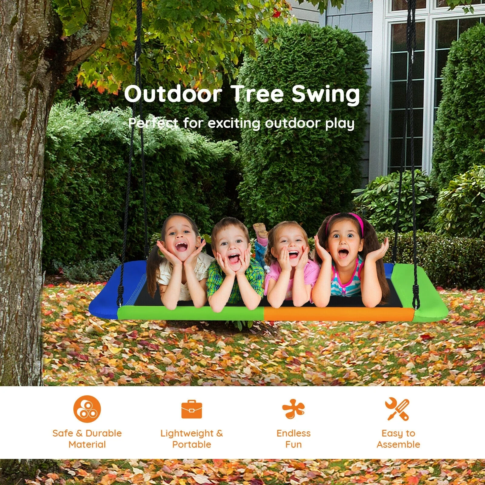 60 Inch Platform Tree Swing, Outdoor With 2 Hanging Straps, Orange - Image 8