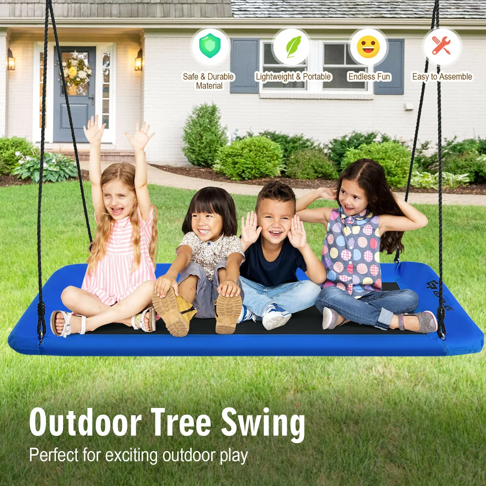 60 Inch Platform Tree Swing With 2 Hanging Straps, Blue - Image 3