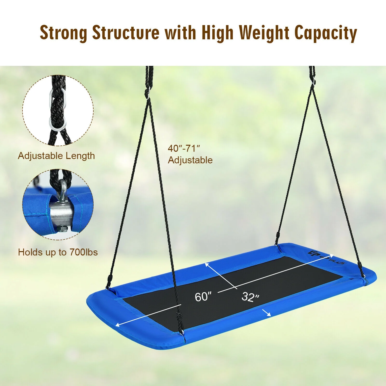 60 Inch Platform Tree Swing With 2 Hanging Straps, Blue - Image 6