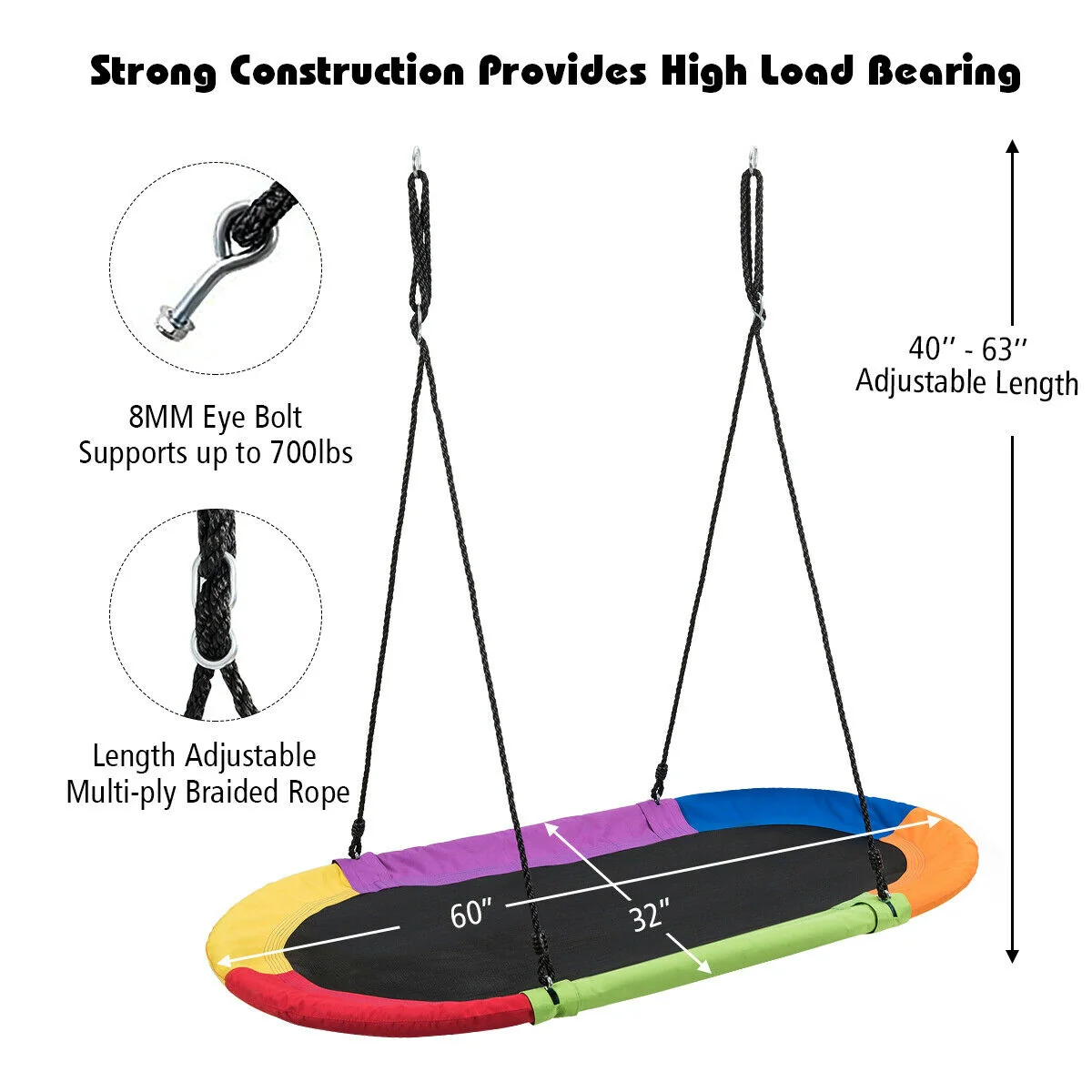 60 Inch Saucer Surf Adjustable Swing Set, Multicolor - Image 5