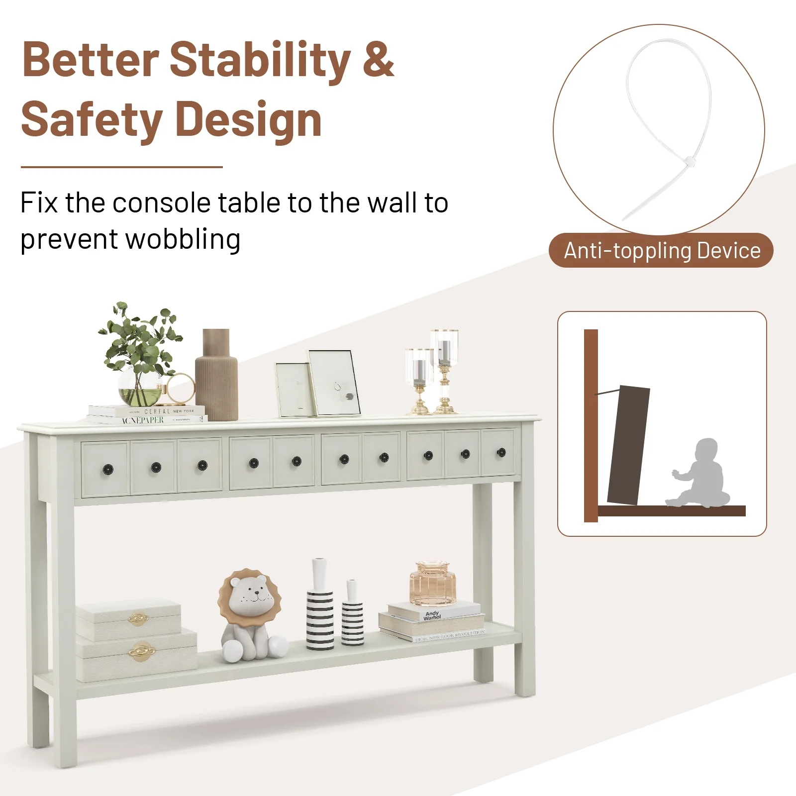 60 Inch Sofa Table, 4 Drawers, Open Shelf, White - Image 9