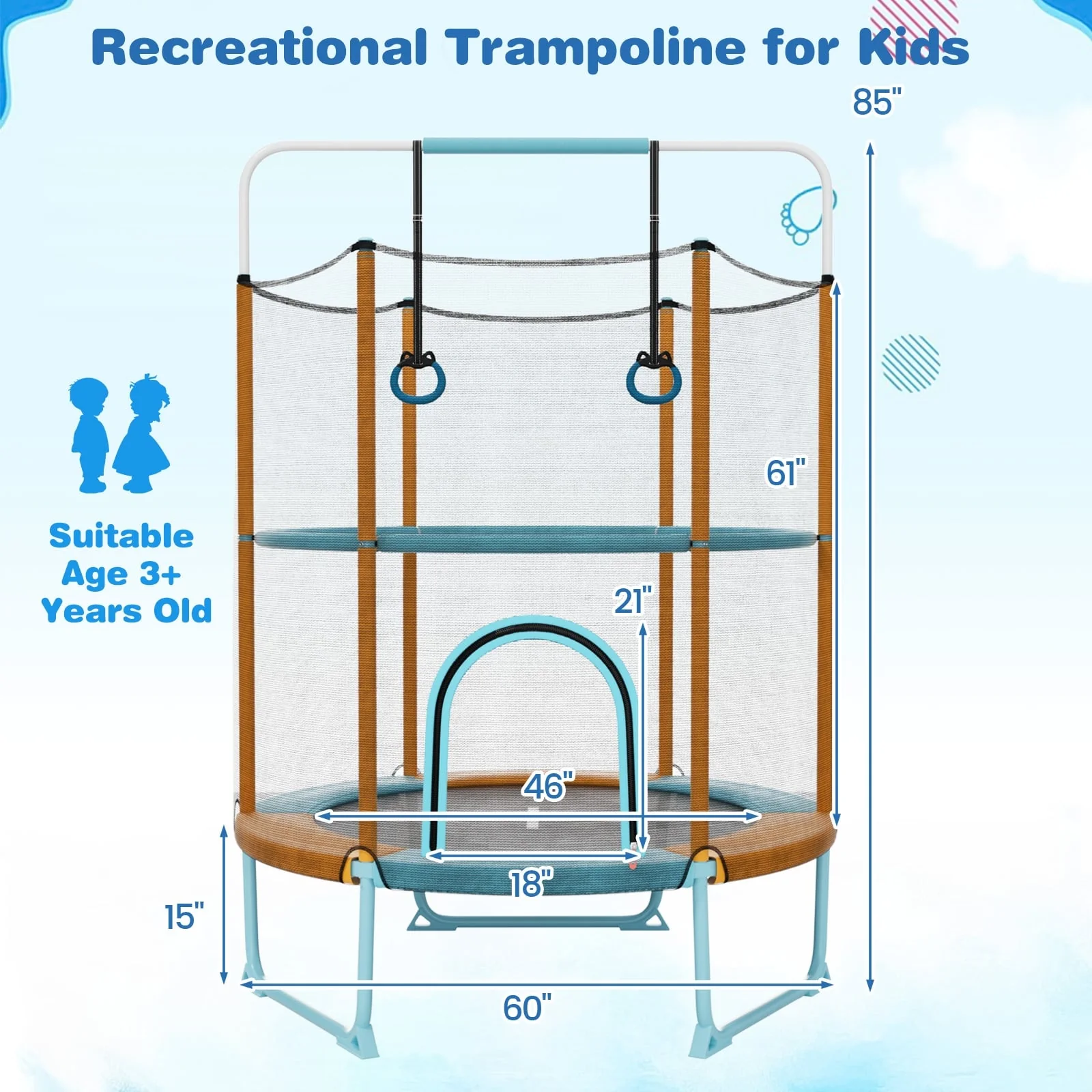 60 Inch Trampoline With Gymnastic Bar, Rings, Orange - Image 5