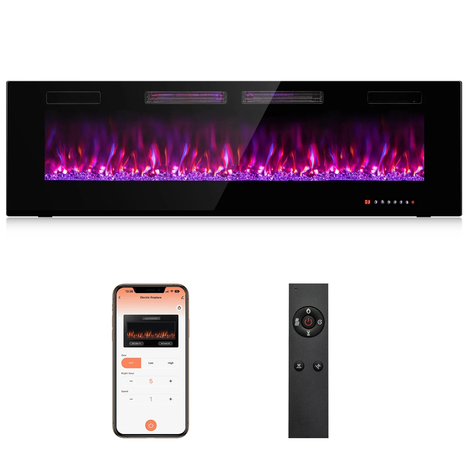 60 Inch Ultra-Thin Electric Fireplace, Decorative Crystals, Black - Image 2