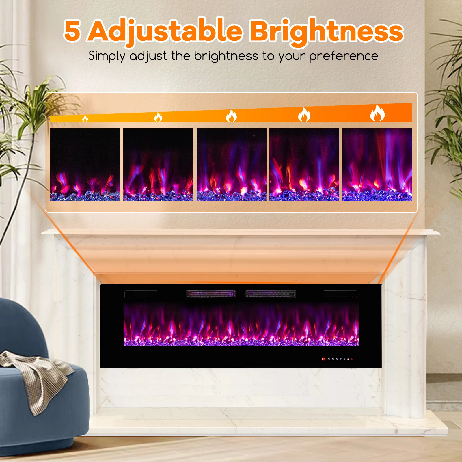 60 Inch Ultra-Thin Electric Fireplace, Decorative Crystals, Black - Image 5