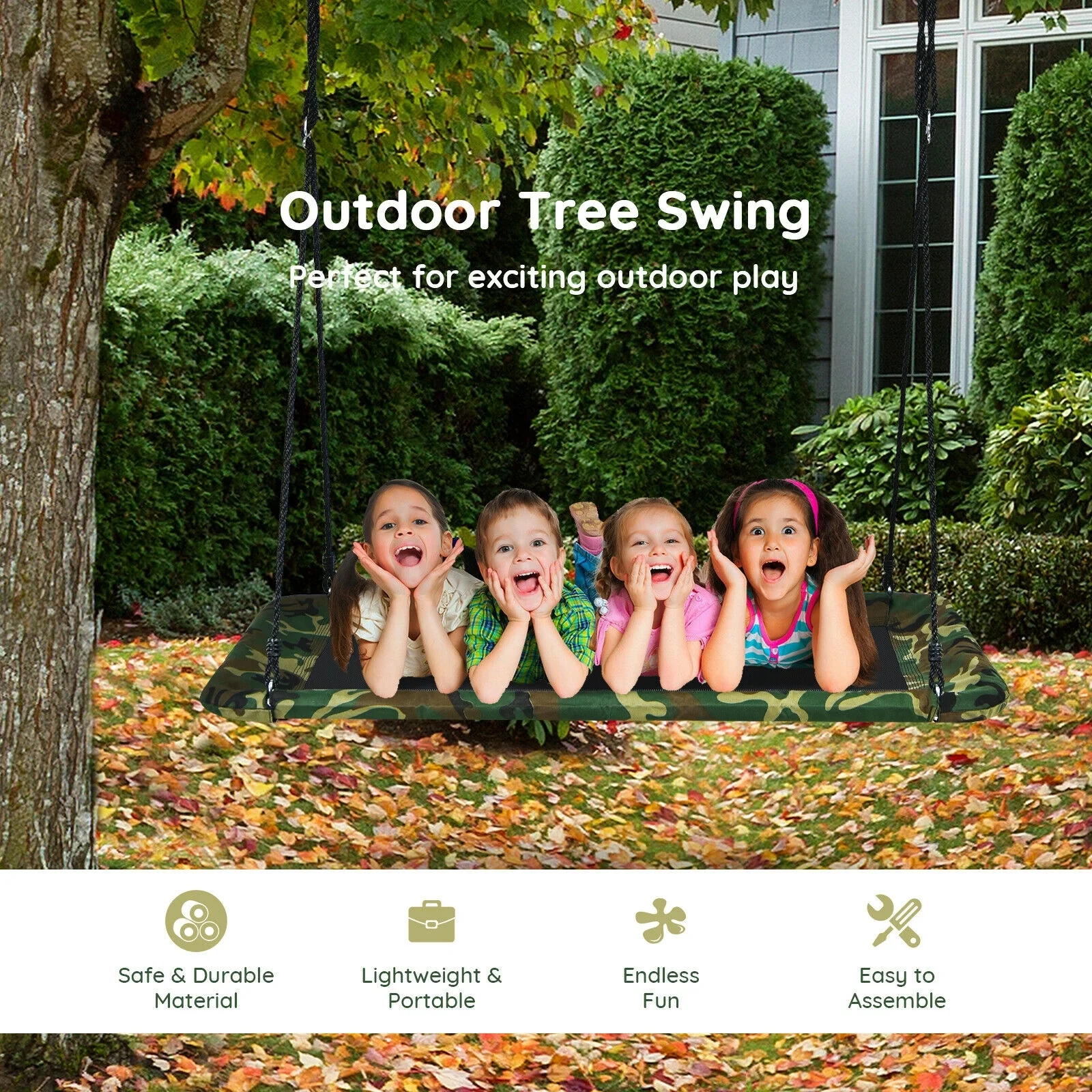 60 Inches Platform Tree Swing, 2 Hanging Straps, Camouflage - Image 3