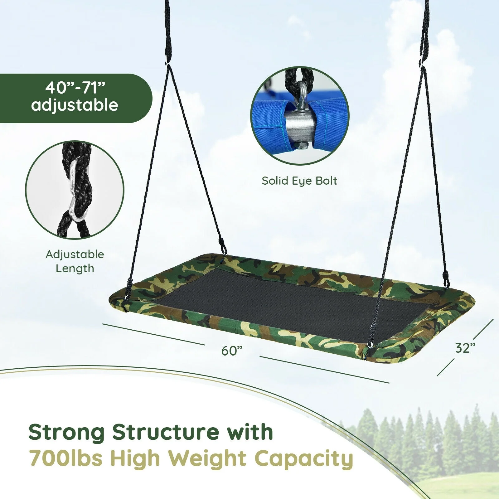 60 Inches Platform Tree Swing, 2 Hanging Straps, Camouflage - Image 5