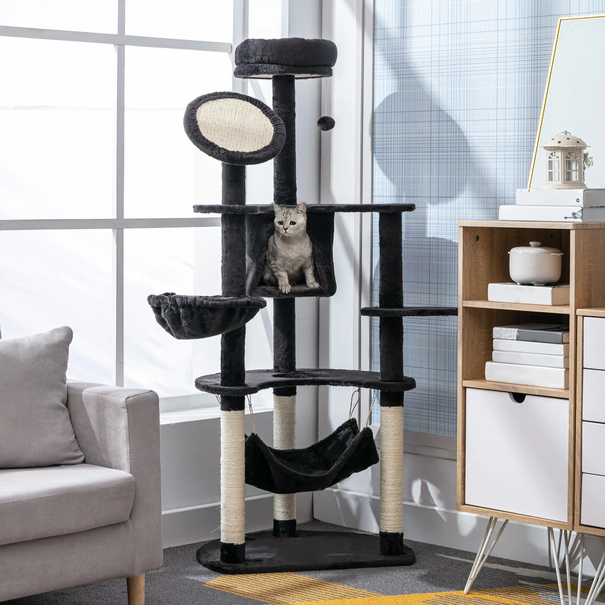 60" Multi-Level Plush Cat Tree, Scratching Posts, 2 Hammocks, Dark Grey - Image 2