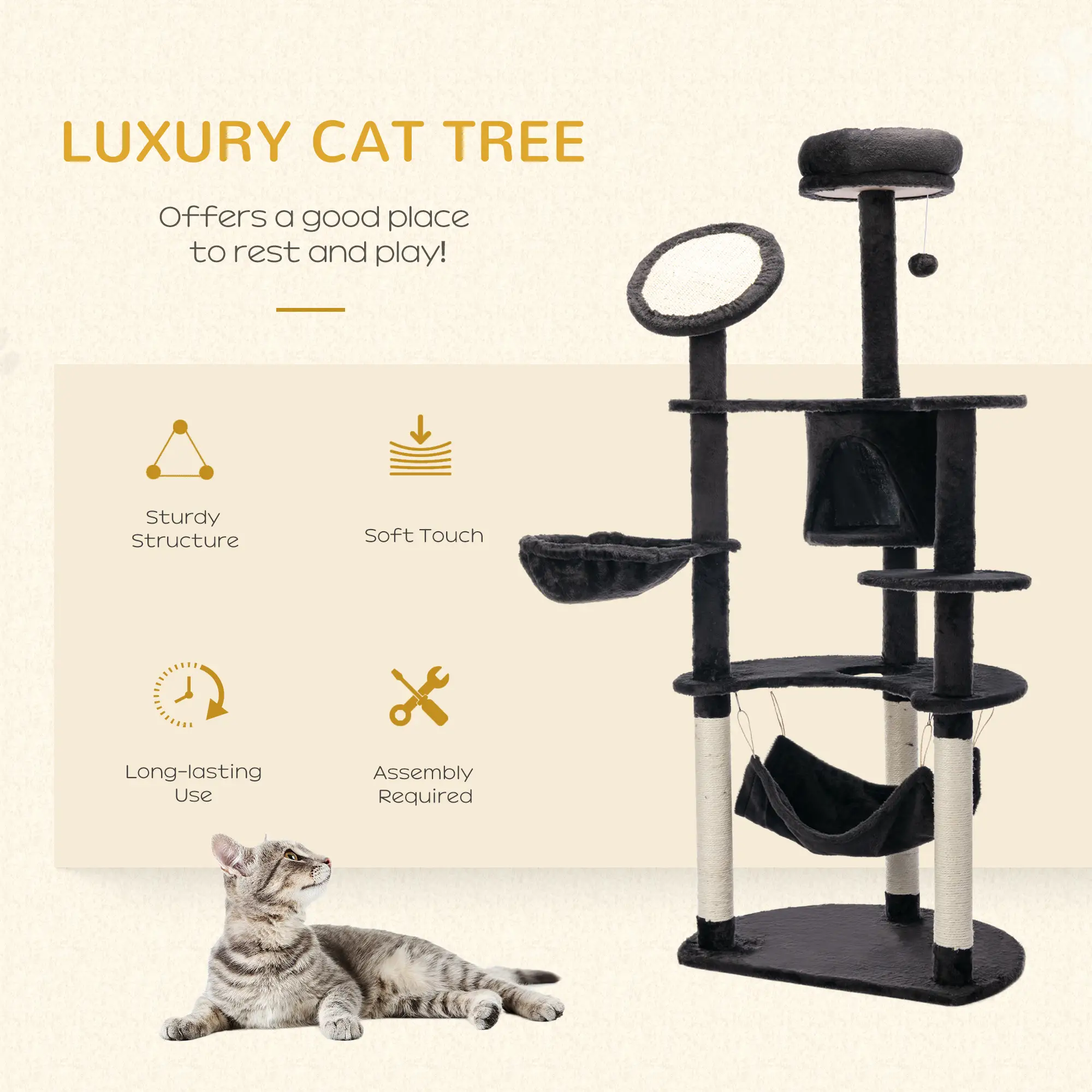 60" Multi-Level Plush Cat Tree, Scratching Posts, 2 Hammocks, Dark Grey - Image 4